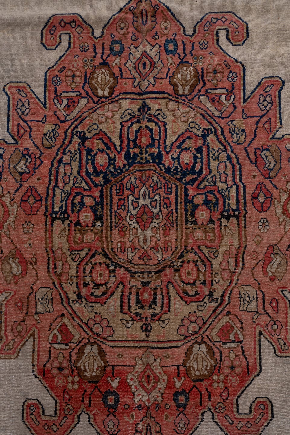 6' x 11' one-of-a-kind handmade antique Malayer large size rug. Color palette: ivory, rose, navy, rust, slate, taupe, camel
