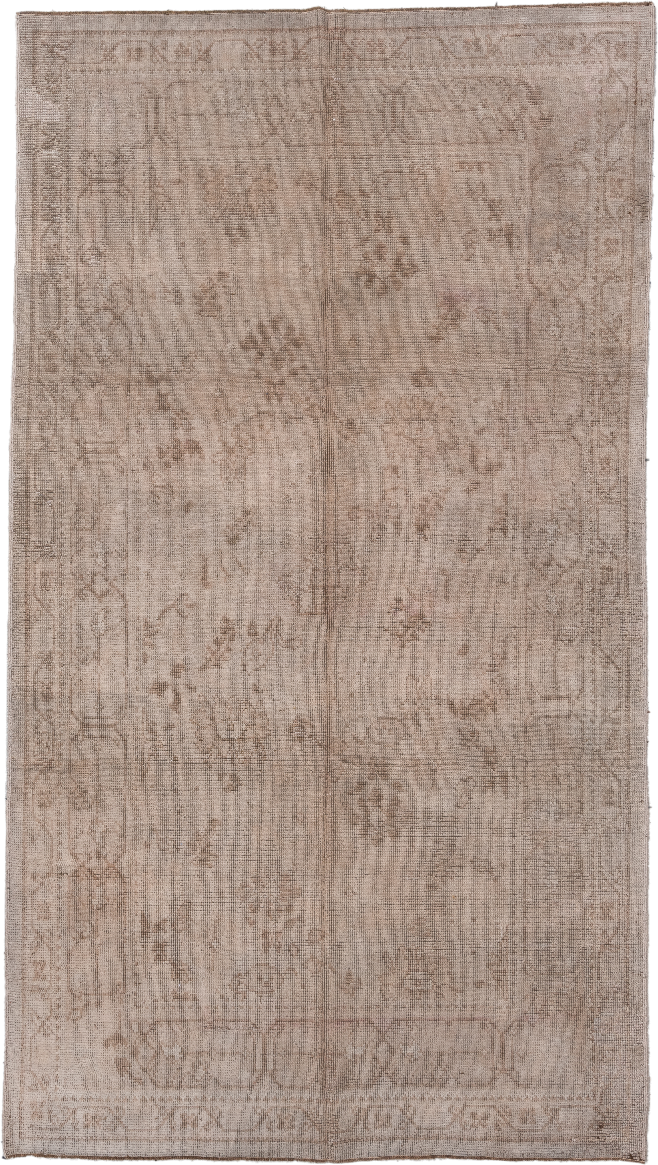 5' x 10' one-of-a-kind handmade antique Oushak medium size rug. Color palette: taupe, beige, ivory, camel, sand, light brown