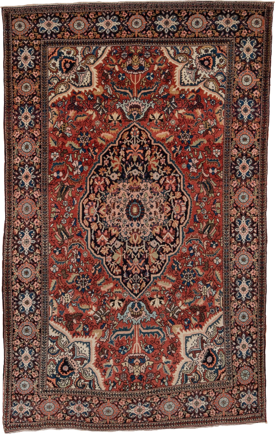 4' x 6' one-of-a-kind handmade antique Far.Sarouk small size rug. Color palette: rust, navy, ivory, soft blue, rose, camel