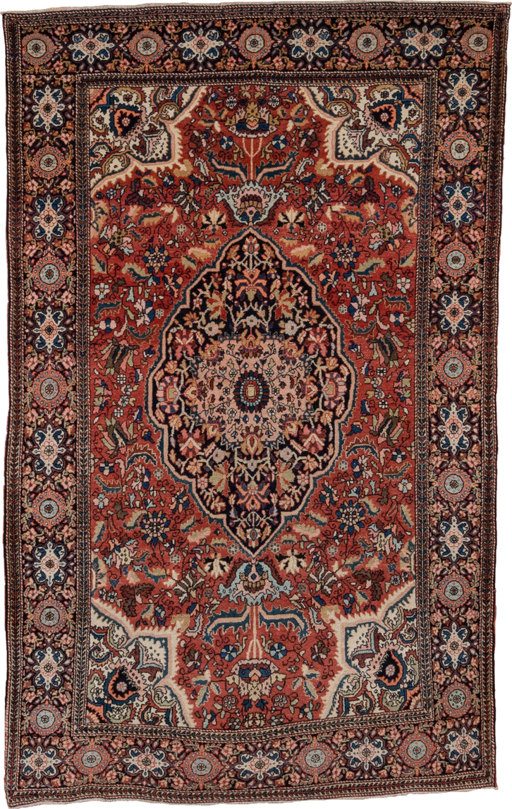 4' x 6' one-of-a-kind handmade antique Far.Sarouk small size rug. Color palette: rust, navy, ivory, soft blue, rose, camel