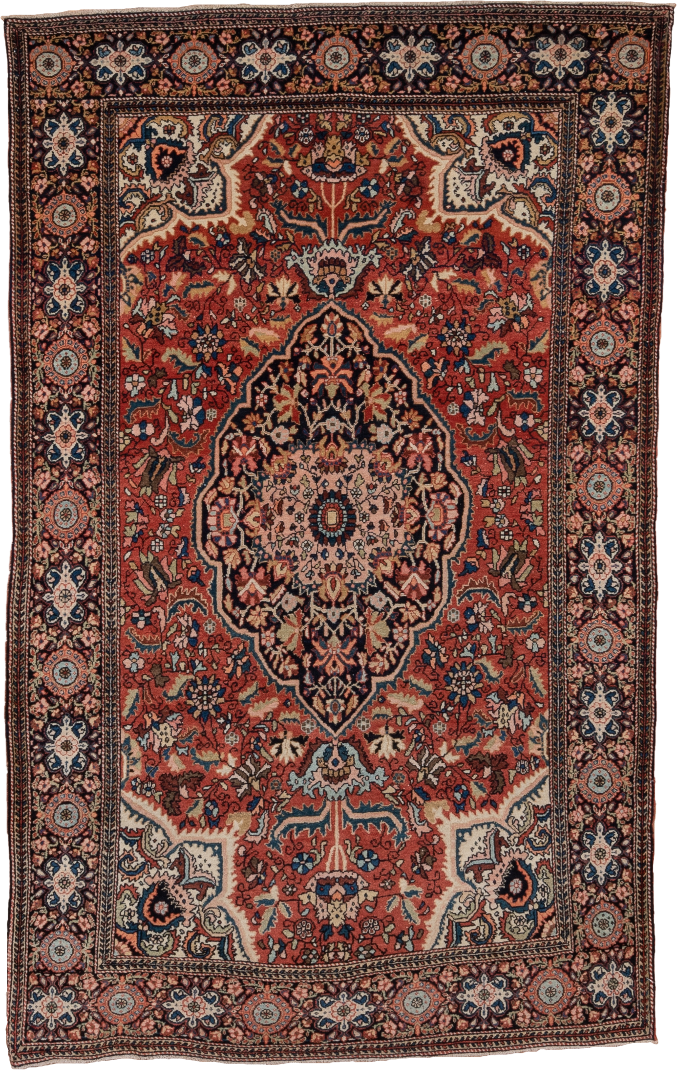 4' x 6' one-of-a-kind handmade antique Far.Sarouk small size rug. Color palette: rust, navy, ivory, soft blue, rose, camel