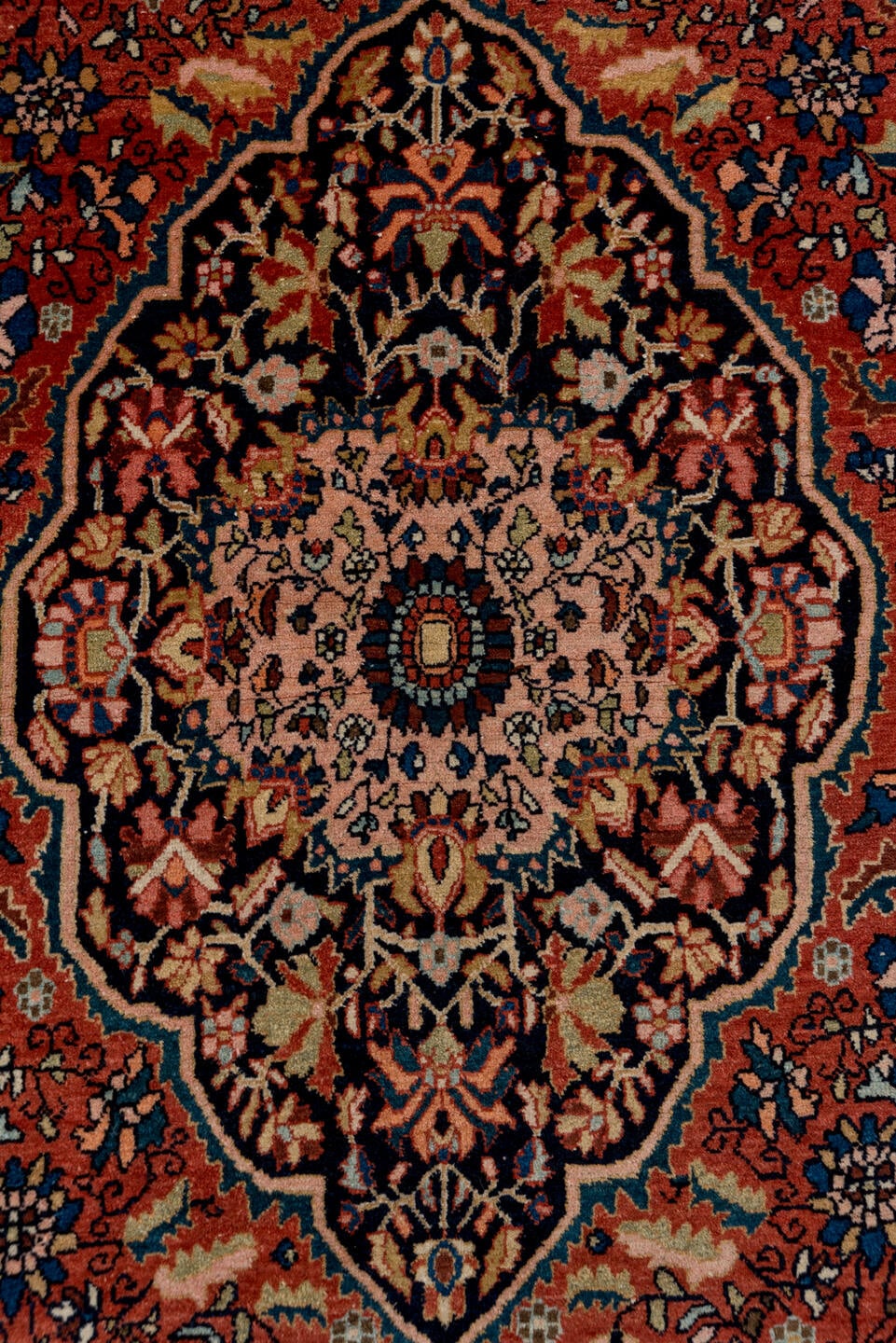 4' x 6' one-of-a-kind handmade antique Far.Sarouk small size rug. Color palette: rust, navy, ivory, soft blue, rose, camel