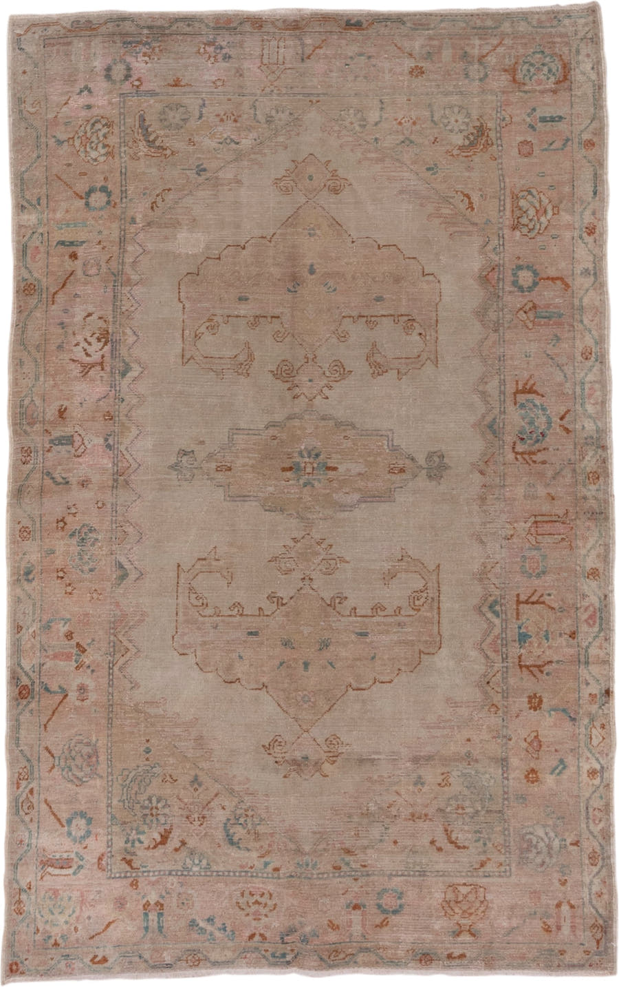 4' x 7' one-of-a-kind handmade antique Oushak rug. Color palette: blush, ivory, aqua, rust, taupe, sage, pink, teal
