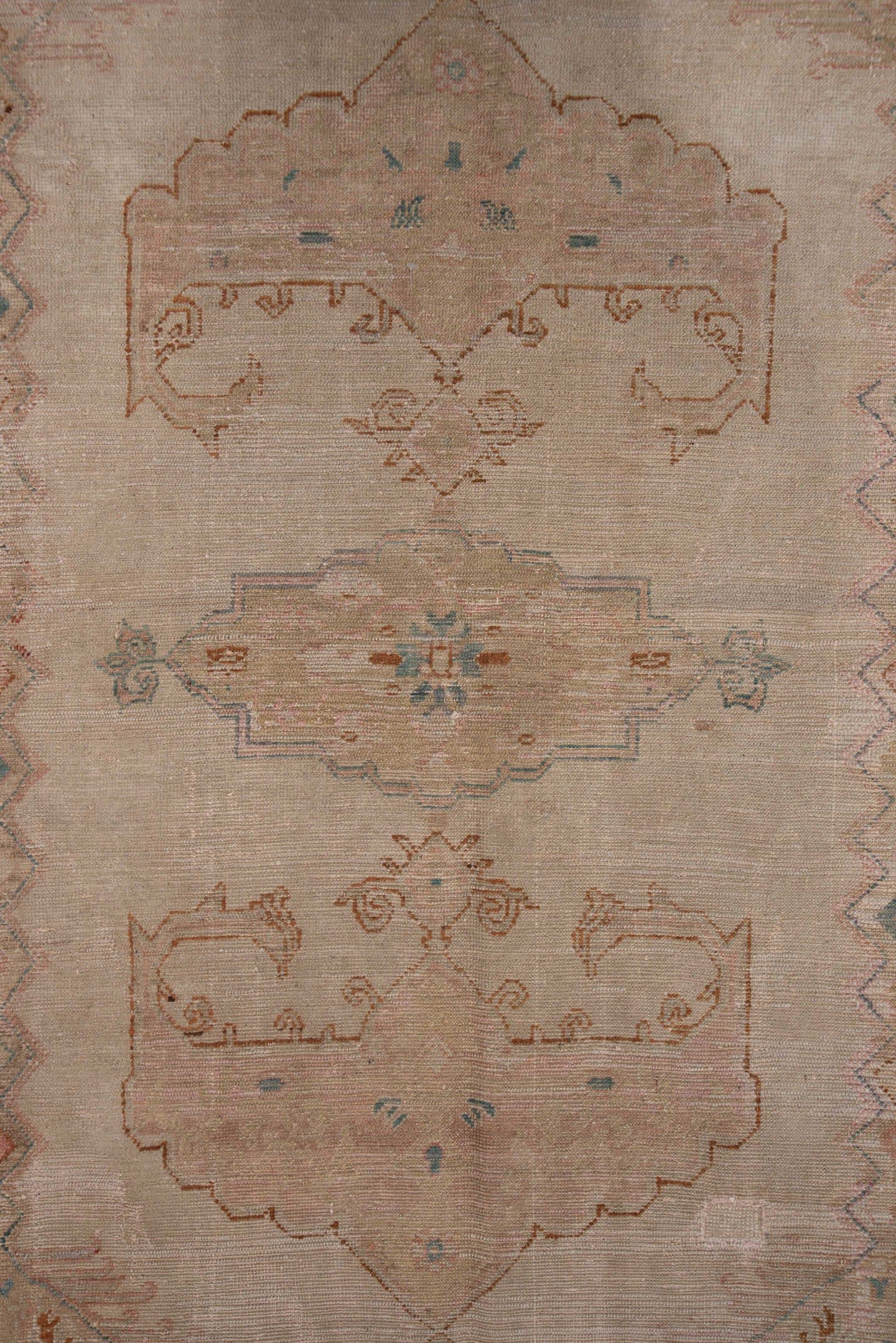 4' x 7' one-of-a-kind handmade antique Oushak rug. Color palette: blush, ivory, aqua, rust, taupe, sage, pink, teal