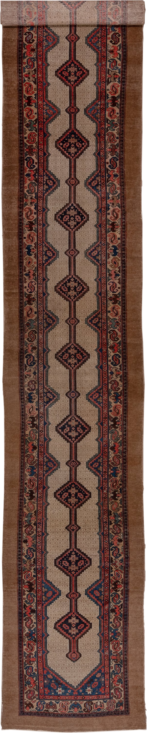 3' x 20' one-of-a-kind handmade antique Cam Hamadan runner rug. Color palette: camel, ivory, indigo, rust, navy, rose, brown