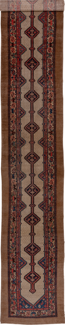 3' x 20' one-of-a-kind handmade antique Cam Hamadan runner rug. Color palette: camel, ivory, indigo, rust, navy, rose, brown