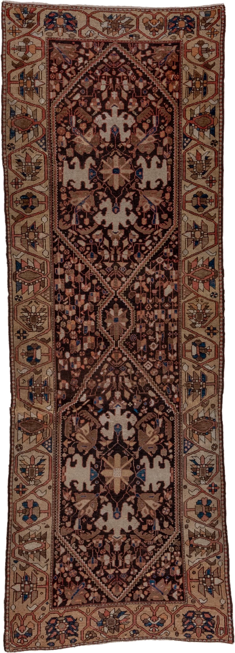 3' x 9' one-of-a-kind handmade antique Malayer runner rug. Color palette: brown, ivory, camel, indigo, rust, taupe, rose