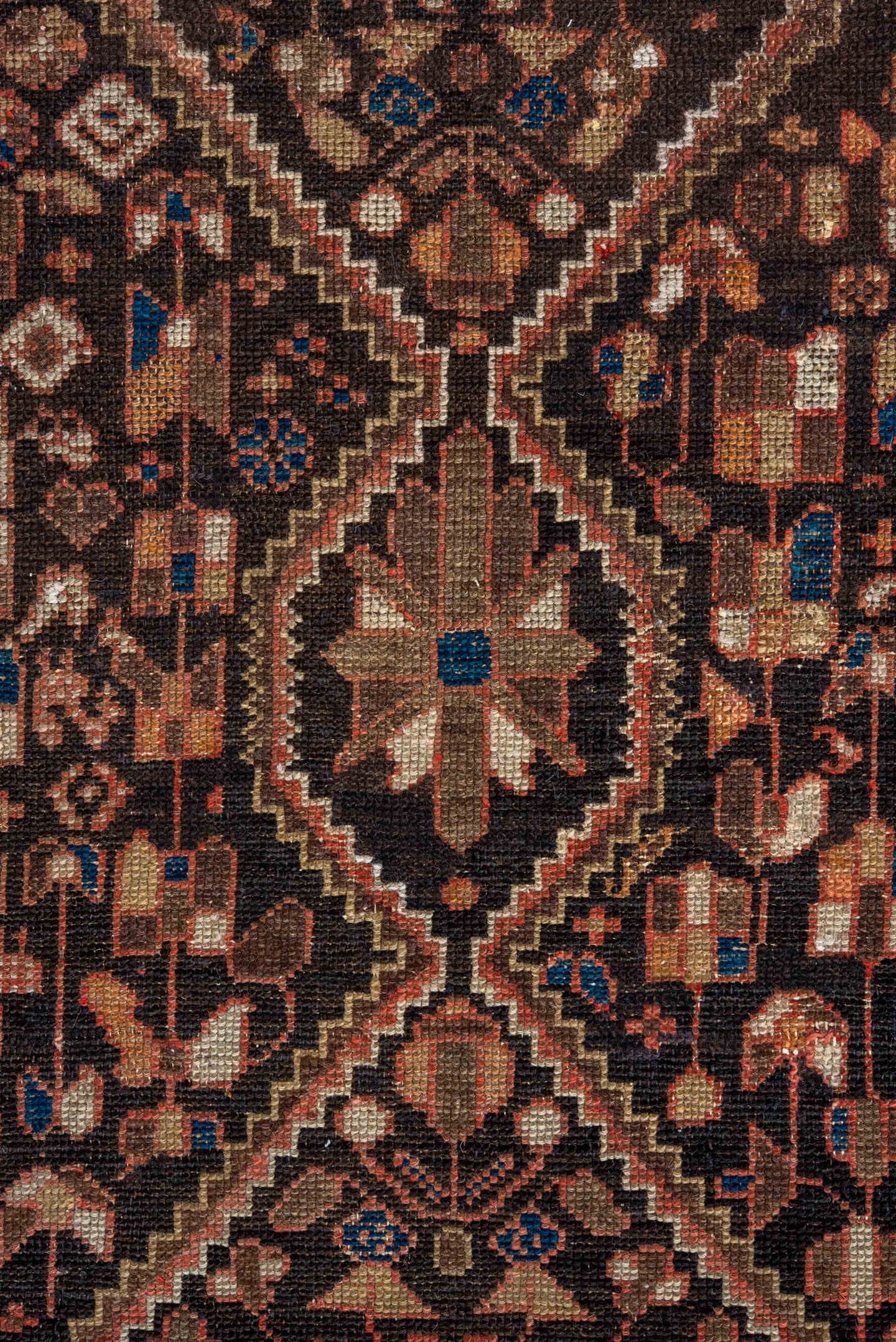 3' x 9' one-of-a-kind handmade antique Malayer runner rug. Color palette: brown, ivory, camel, indigo, rust, taupe, rose