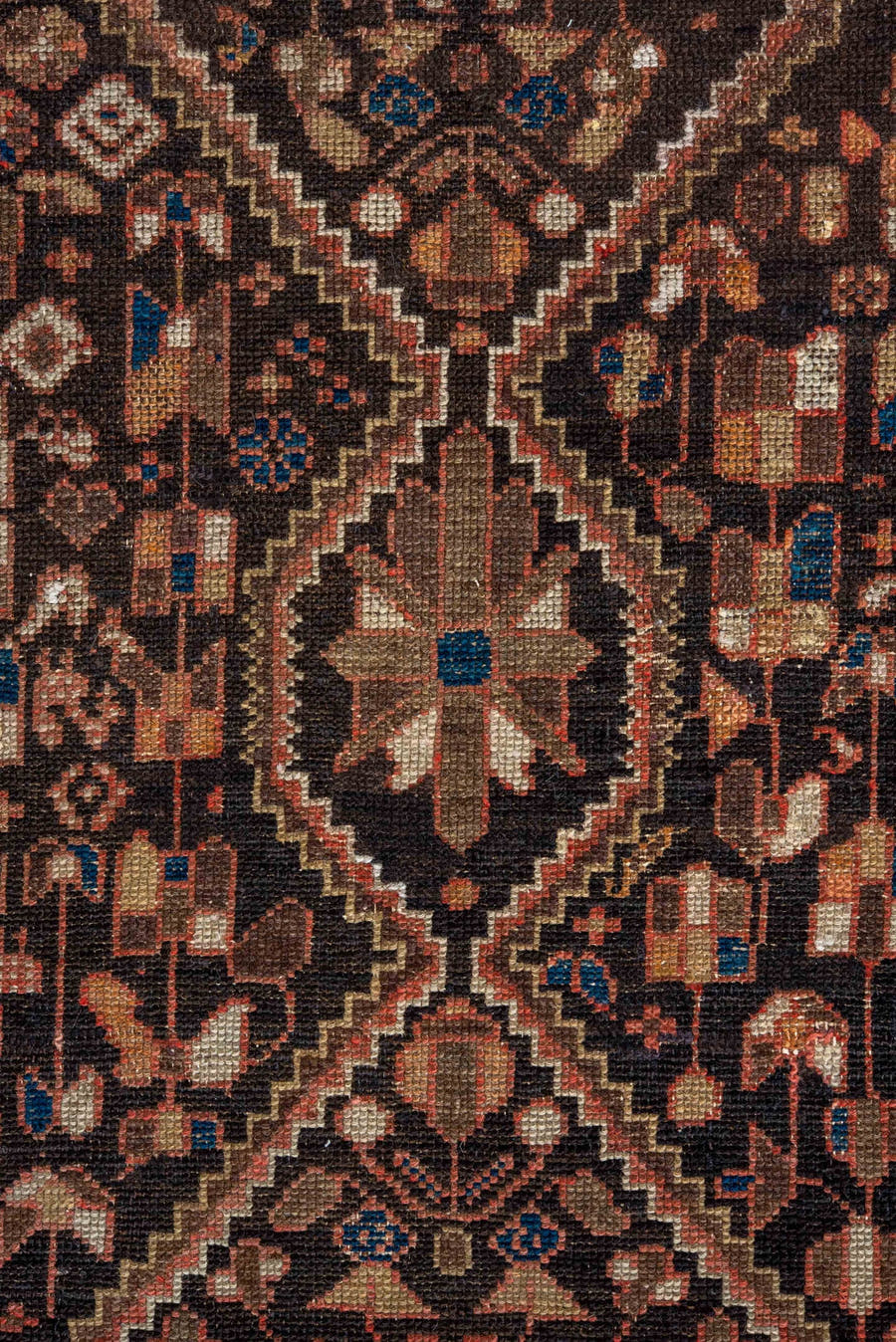 3' x 9' one-of-a-kind handmade antique Malayer runner rug. Color palette: brown, ivory, camel, indigo, rust, taupe, rose
