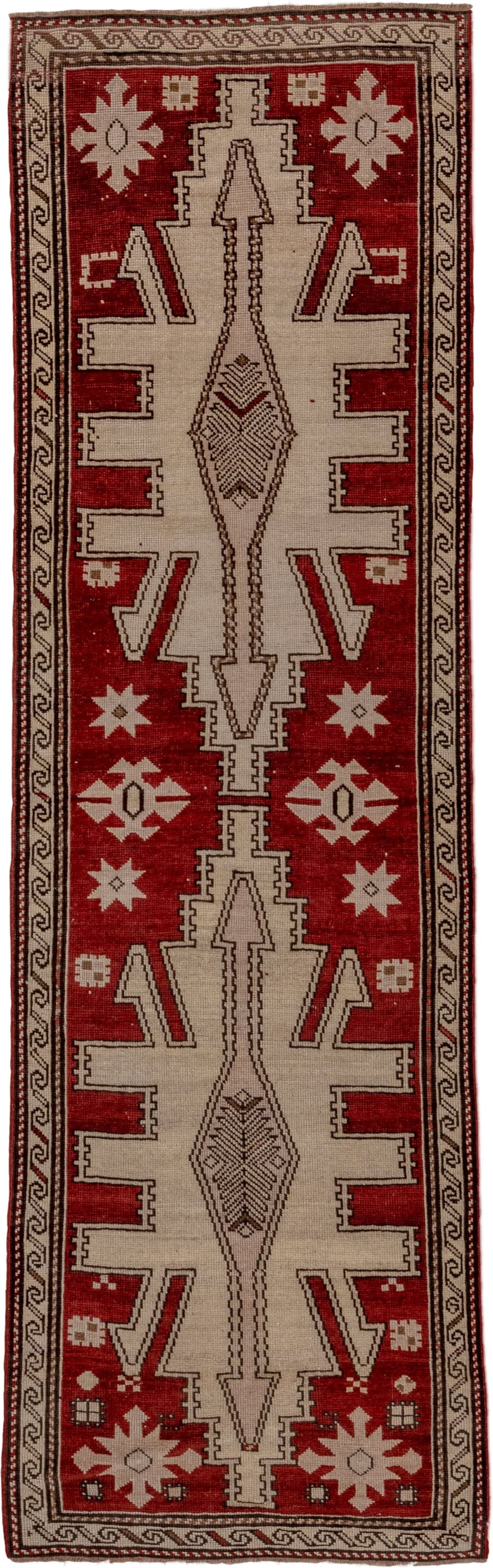 2' x 7' one-of-a-kind handmade antique Trans Caucasian runner rug. Color palette: rust, ivory, brown, charcoal, terracotta
