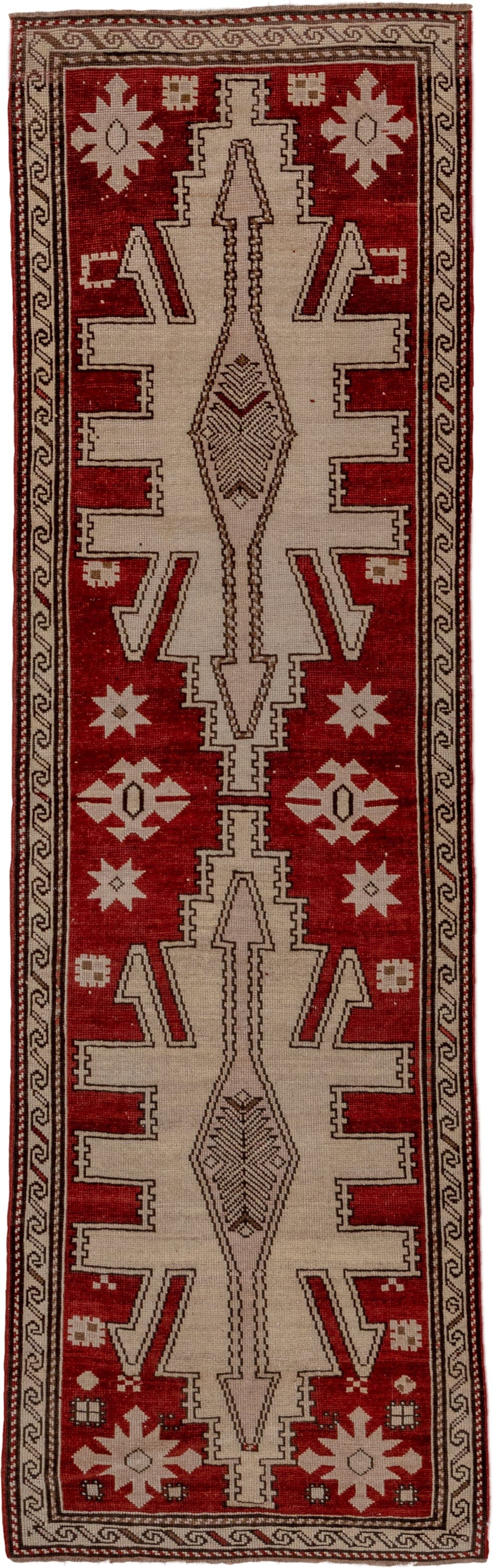 2' x 7' one-of-a-kind handmade antique Trans Caucasian runner rug. Color palette: rust, ivory, brown, charcoal, terracotta