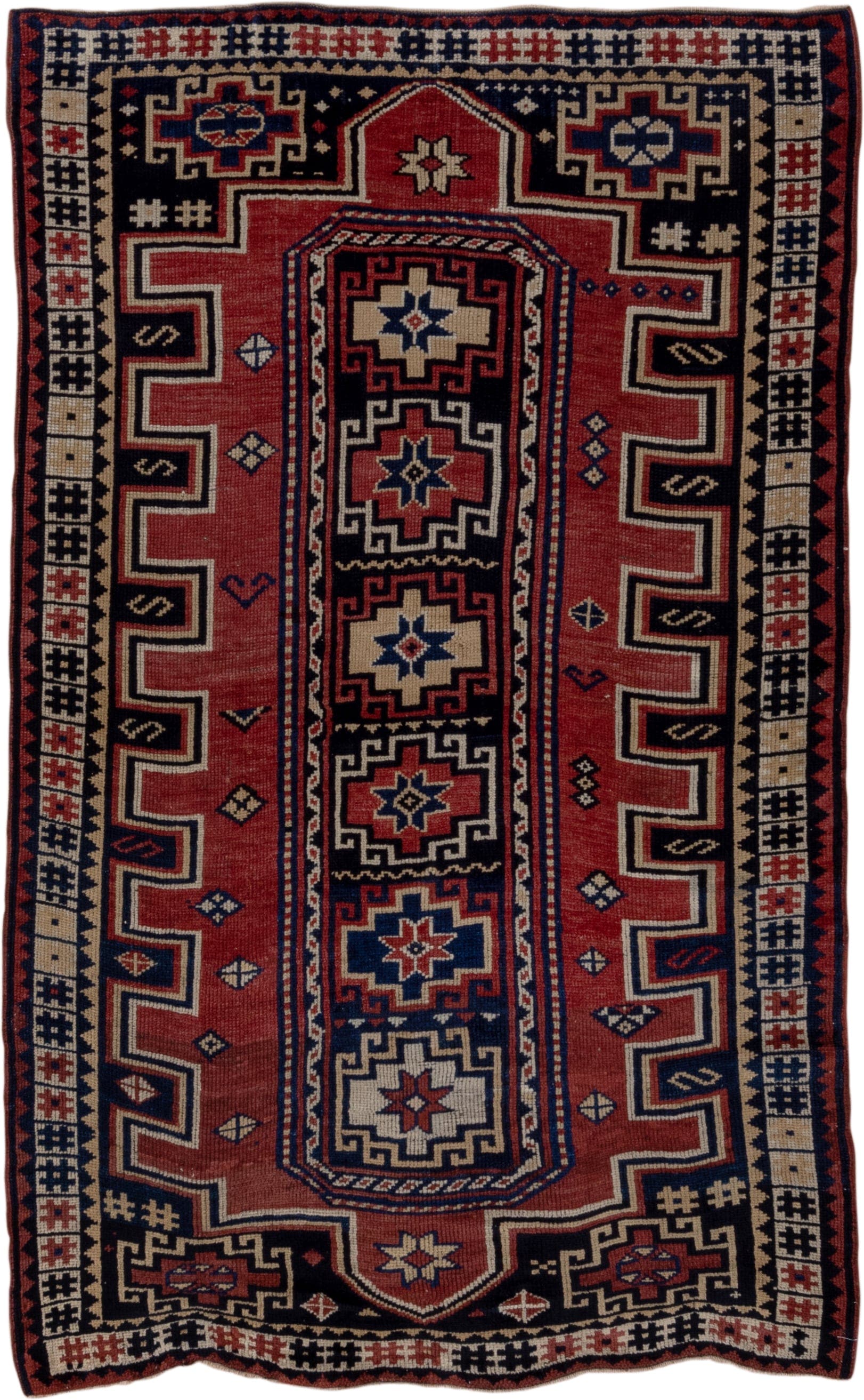 4' x 6' one-of-a-kind handmade antique Trans Caucasian small size rug. Color palette: rust, navy, ivory, crimson, indigo