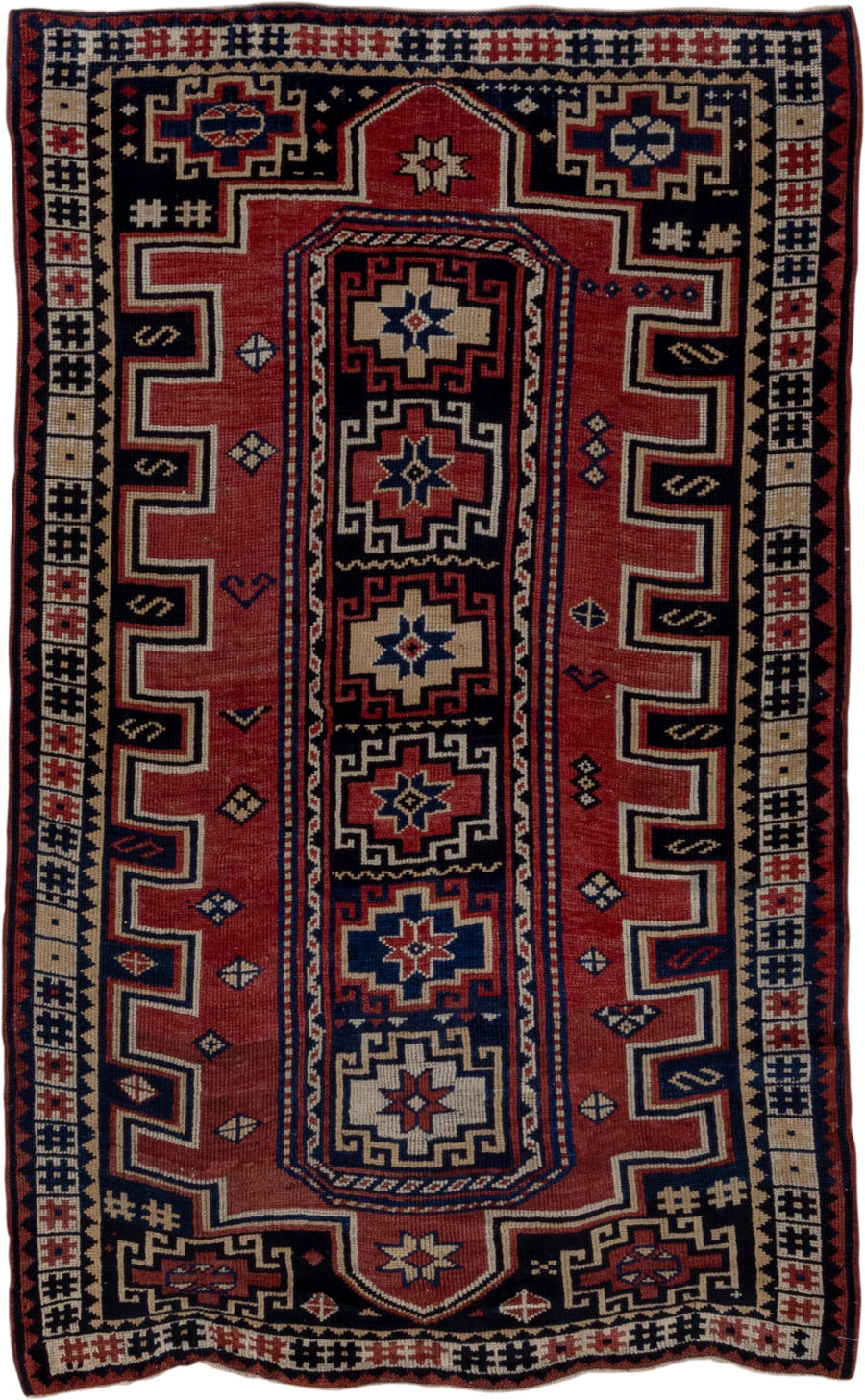 4' x 6' one-of-a-kind handmade antique Trans Caucasian small size rug. Color palette: rust, navy, ivory, crimson, indigo