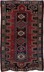 4' x 6' one-of-a-kind handmade antique Trans Caucasian small size rug. Color palette: rust, navy, ivory, crimson, indigo