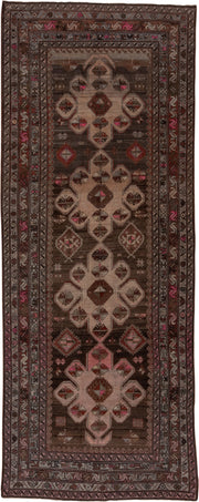 4' x 12' one-of-a-kind handmade antique Trans Caucasian runner rug. Color palette: brown, taupe, ivory, rose, charcoal, rust