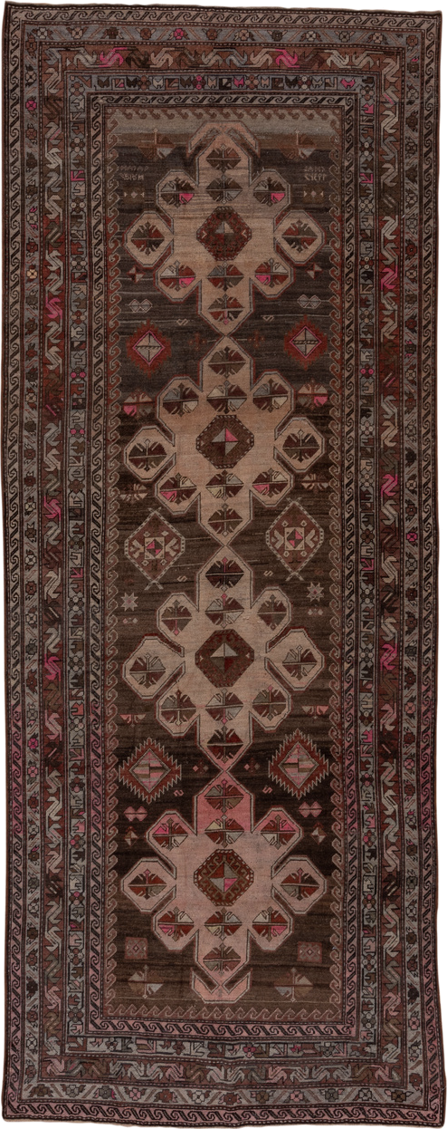 4' x 12' one-of-a-kind handmade antique Trans Caucasian runner rug. Color palette: brown, taupe, ivory, rose, charcoal, rust