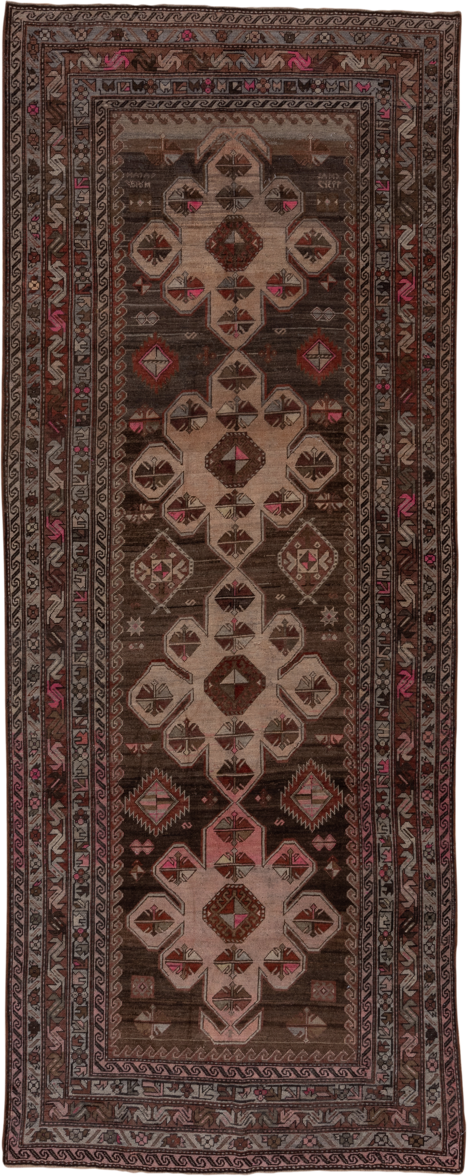 4' x 12' one-of-a-kind handmade antique Trans Caucasian runner rug. Color palette: brown, taupe, ivory, rose, charcoal, rust