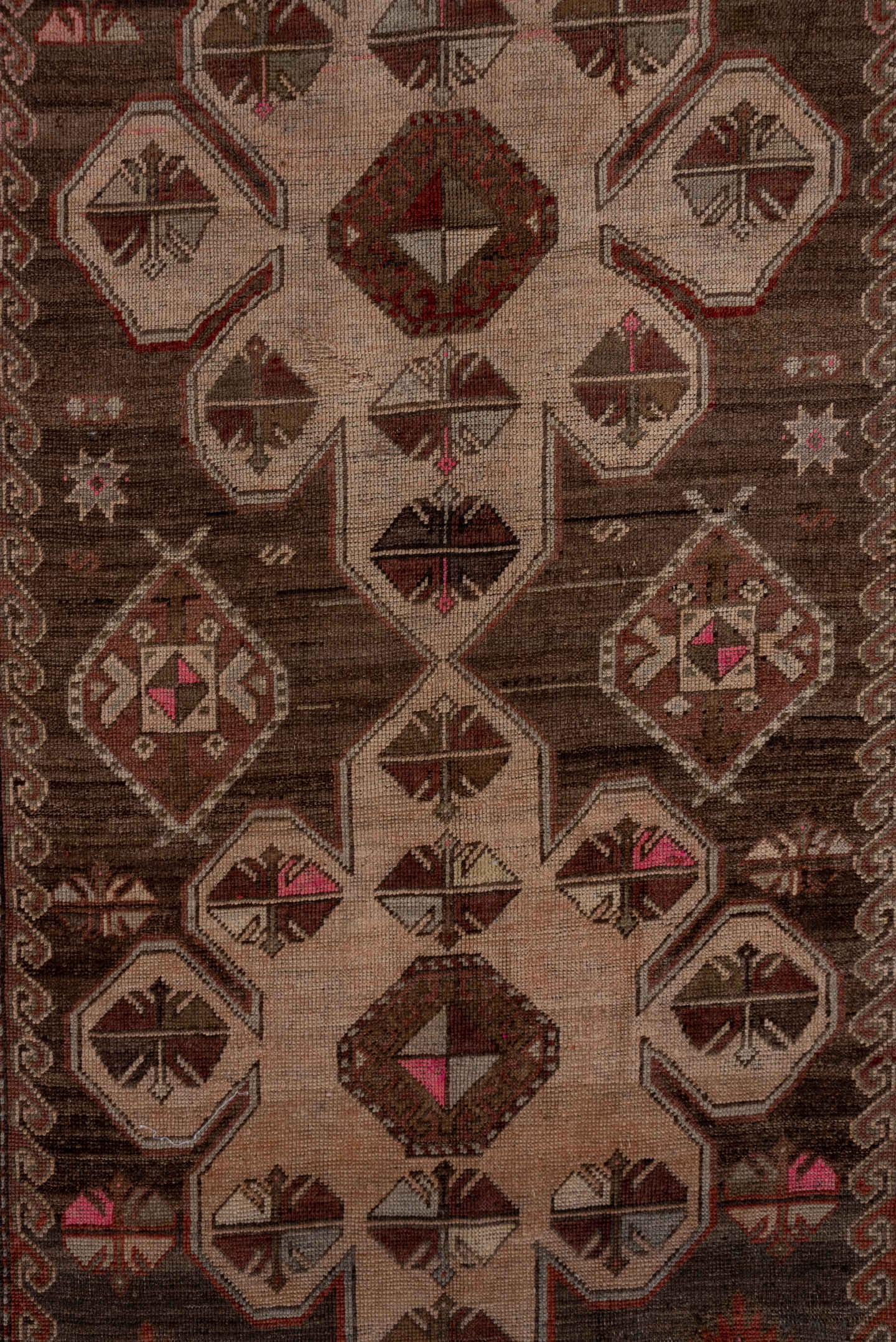 4' x 12' one-of-a-kind handmade antique Trans Caucasian runner rug. Color palette: brown, taupe, ivory, rose, charcoal, rust
