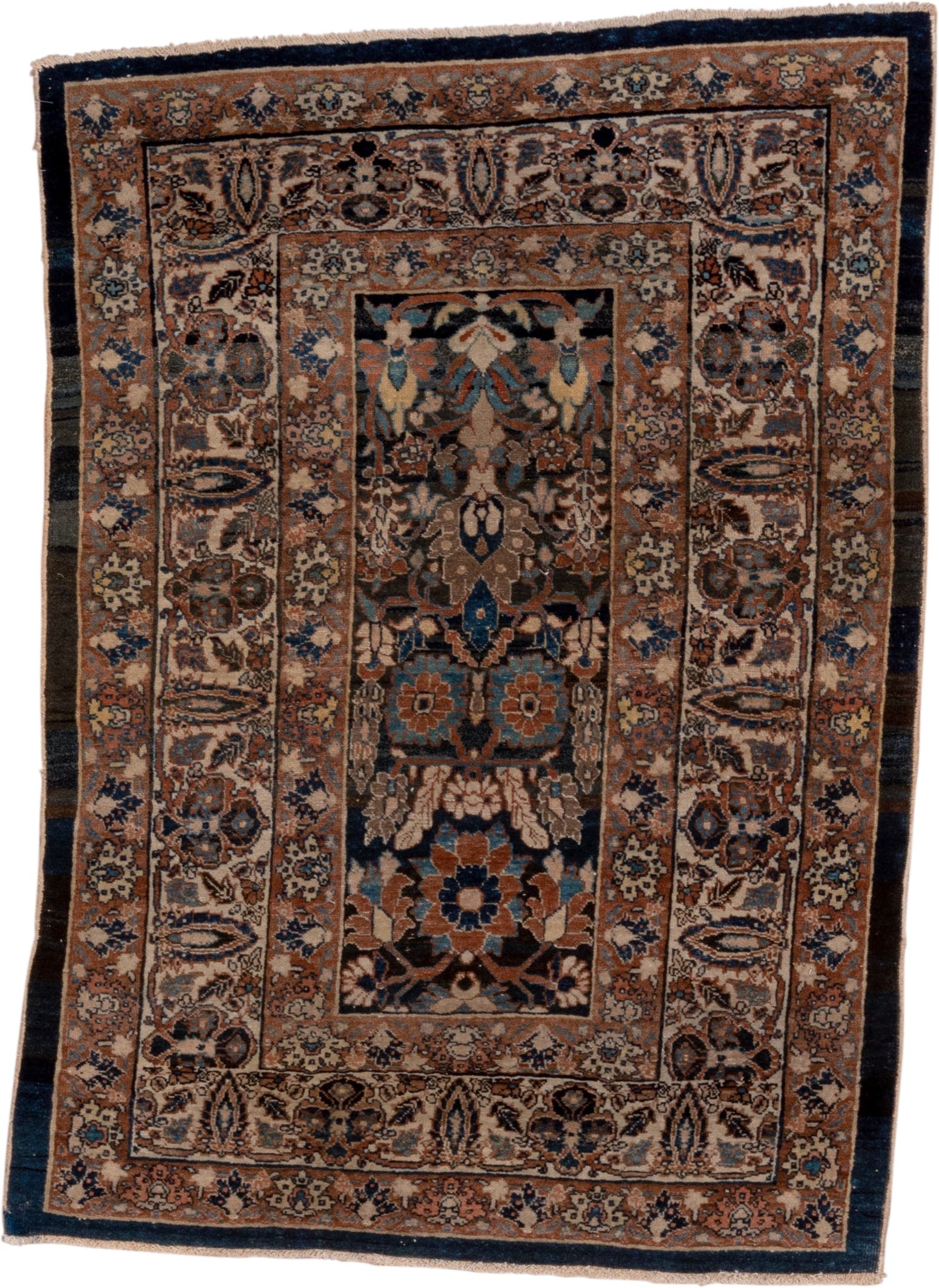2' x 3' one-of-a-kind handmade vintage Tabriz small size rug. Color palette: camel, ivory, navy, brown, rust, sky_blue