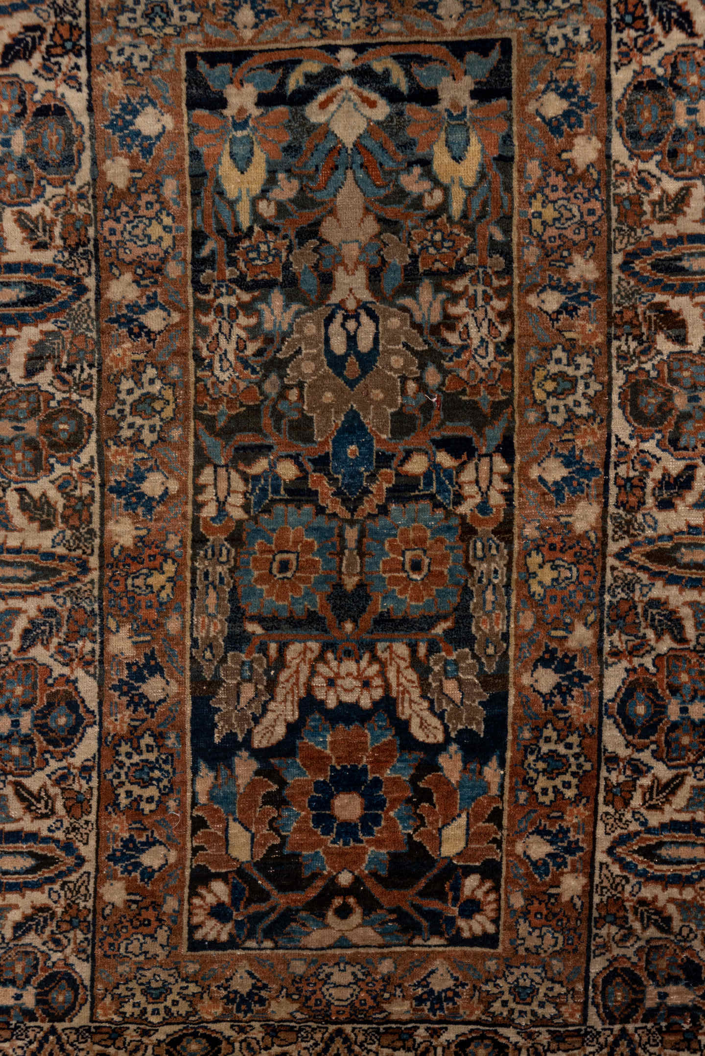 2' x 3' one-of-a-kind handmade vintage Tabriz small size rug. Color palette: camel, ivory, navy, brown, rust, sky_blue