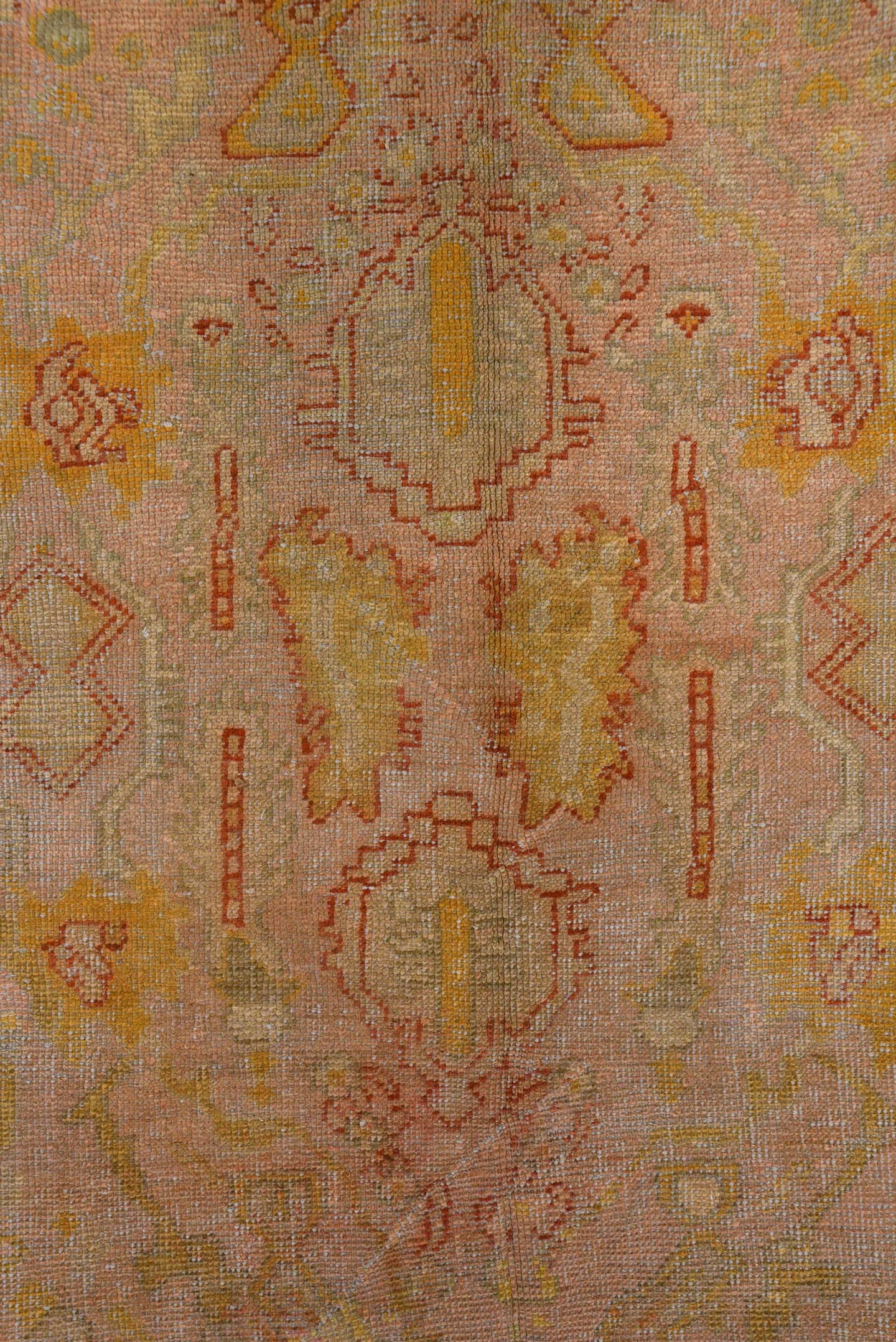 8' x 11' one-of-a-kind handmade antique Oushak large size rug. Color palette: blush, ivory, pale gold, terra cotta, sage