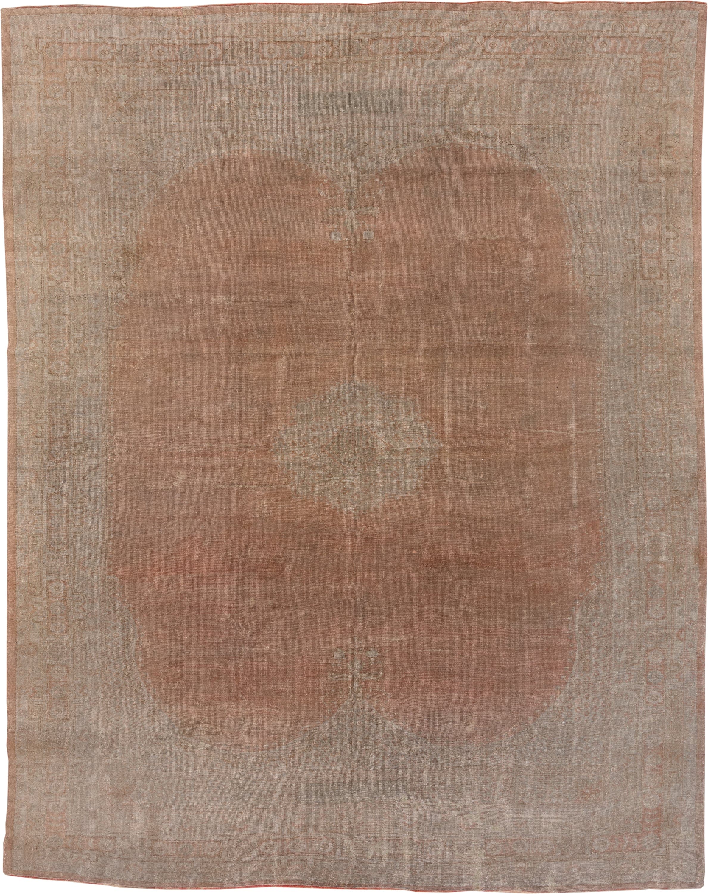 11' x 13' one-of-a-kind handmade antique Oushak oversize rug. Color palette: blush, taupe, ivory, rose, beige, camel