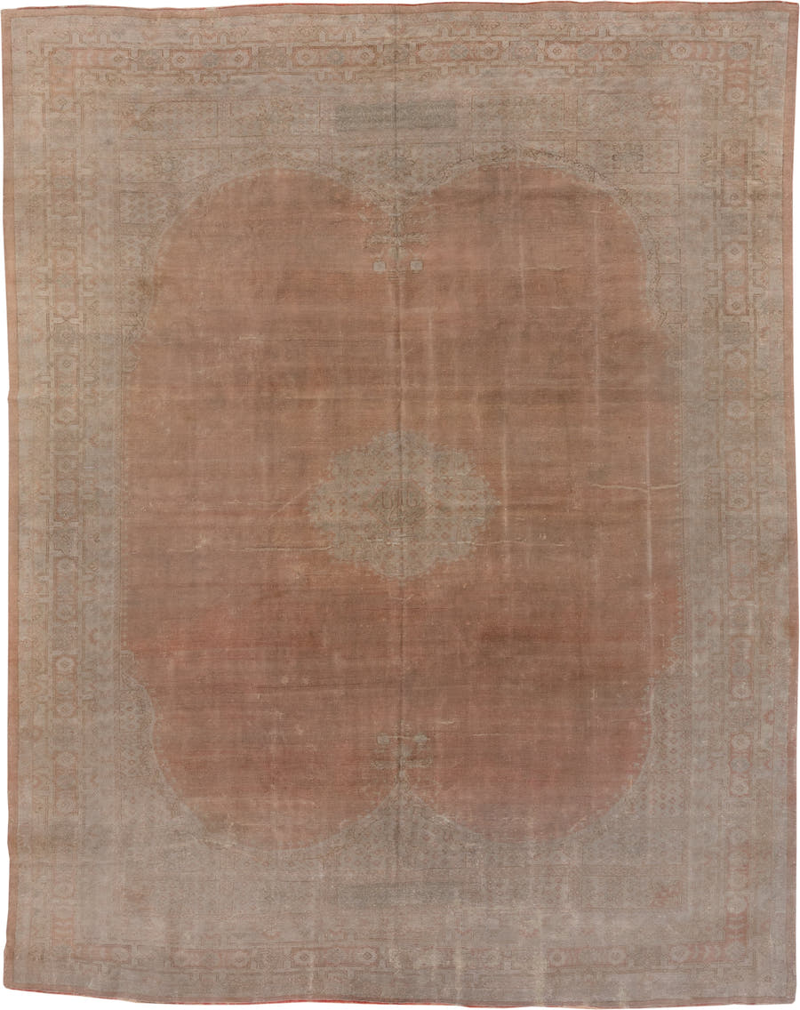 11' x 13' one-of-a-kind handmade antique Oushak oversize rug. Color palette: blush, taupe, ivory, rose, beige, camel
