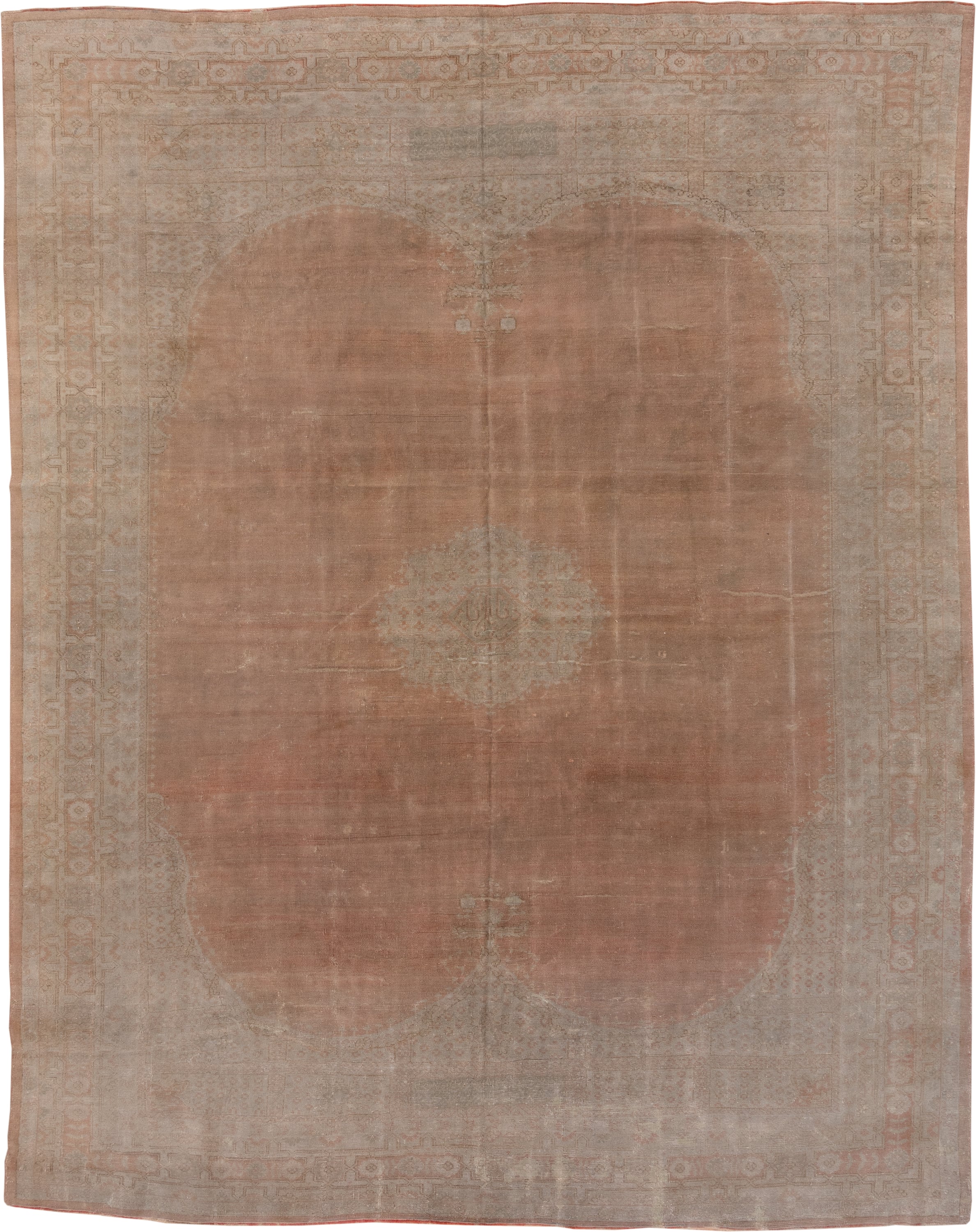 11' x 13' one-of-a-kind handmade antique Oushak oversize rug. Color palette: blush, taupe, ivory, rose, beige, camel