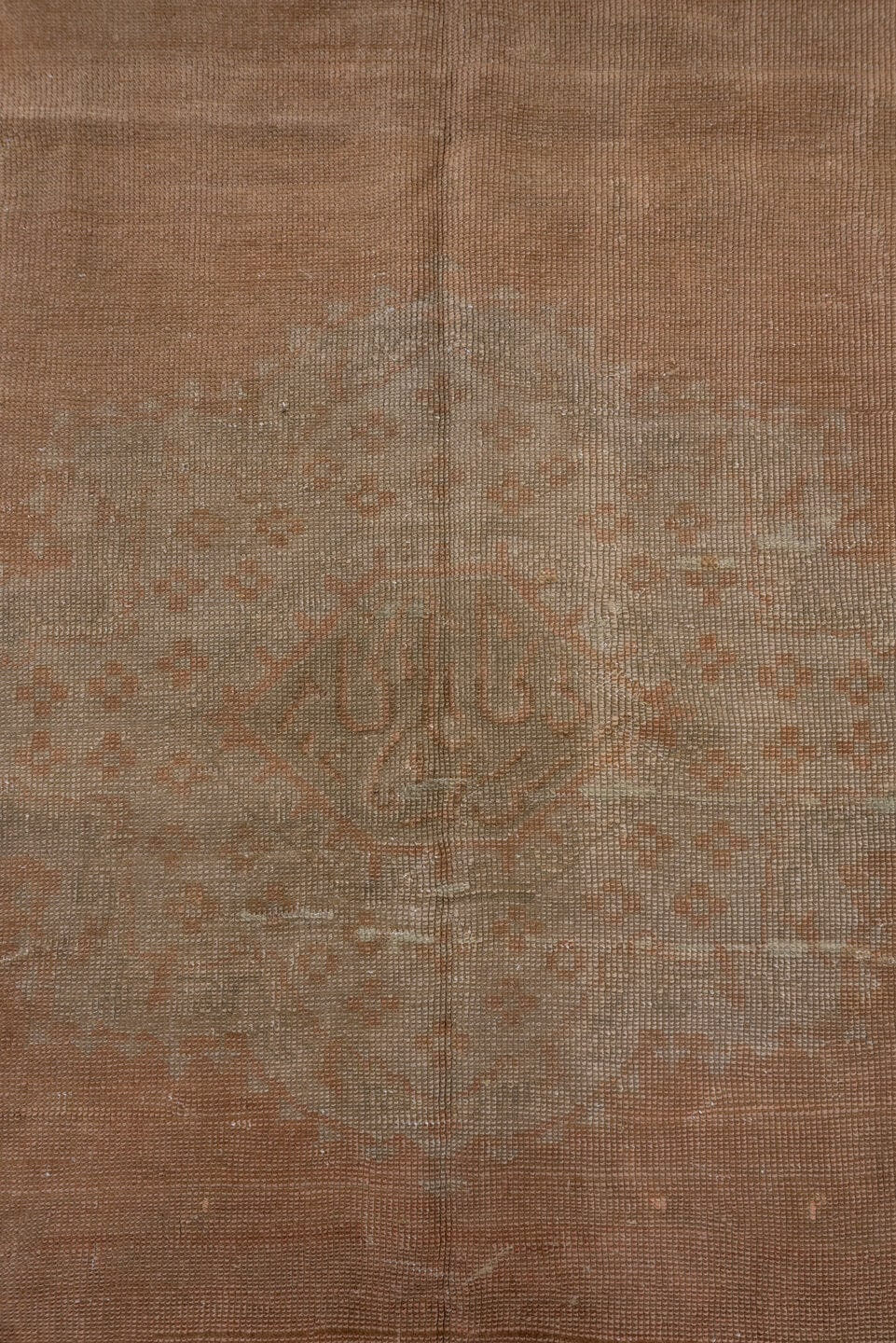11' x 13' one-of-a-kind handmade antique Oushak oversize rug. Color palette: blush, taupe, ivory, rose, beige, camel