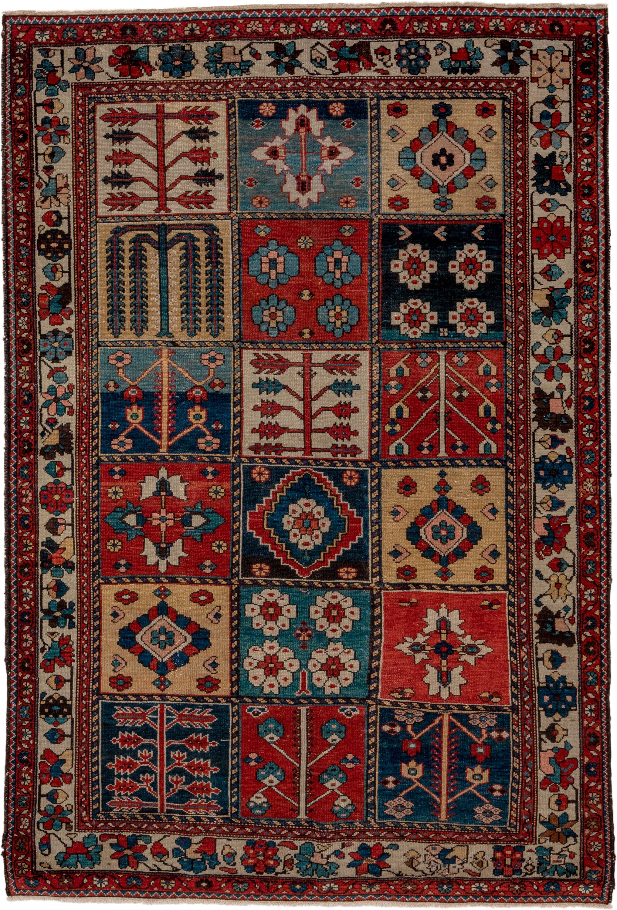 4' x 6' one-of-a-kind handmade antique Baktiary small size rug. Color palette: ivory, red, navy, sky_blue, rust, charcoal