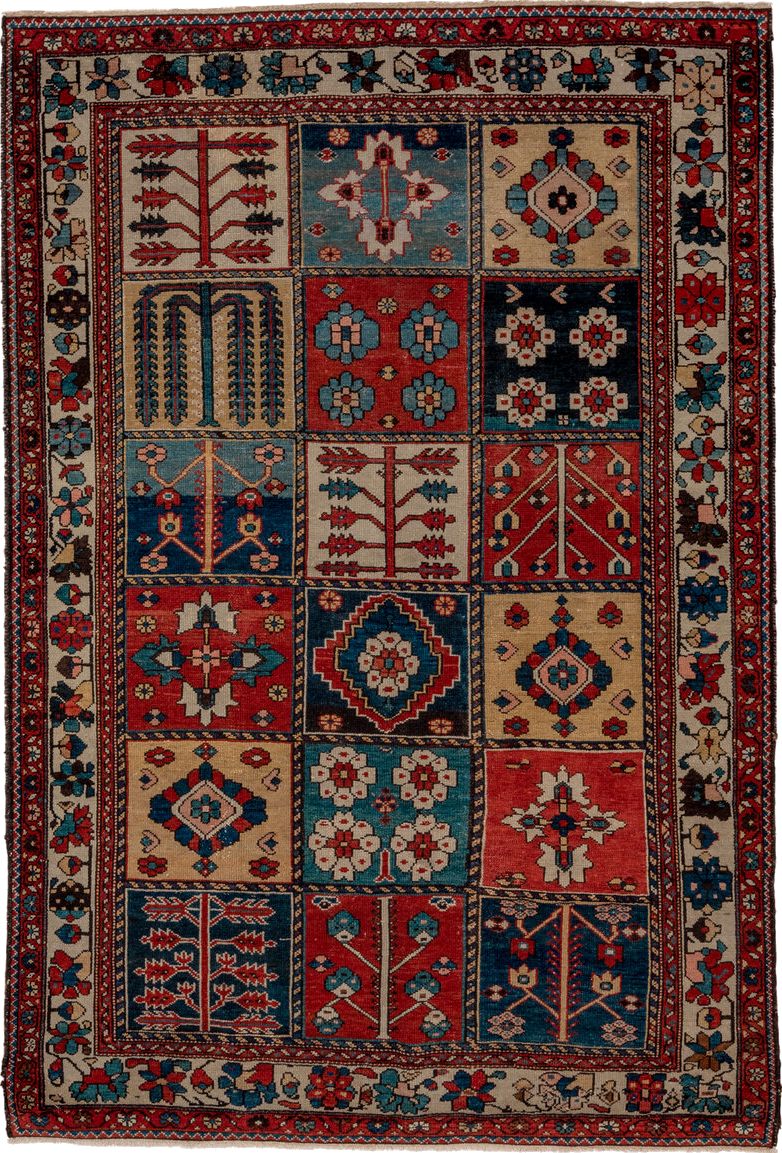 4' x 6' one-of-a-kind handmade vintage Baktiary small size rug. Color palette: black, blue, brown, dark slate gray, gray