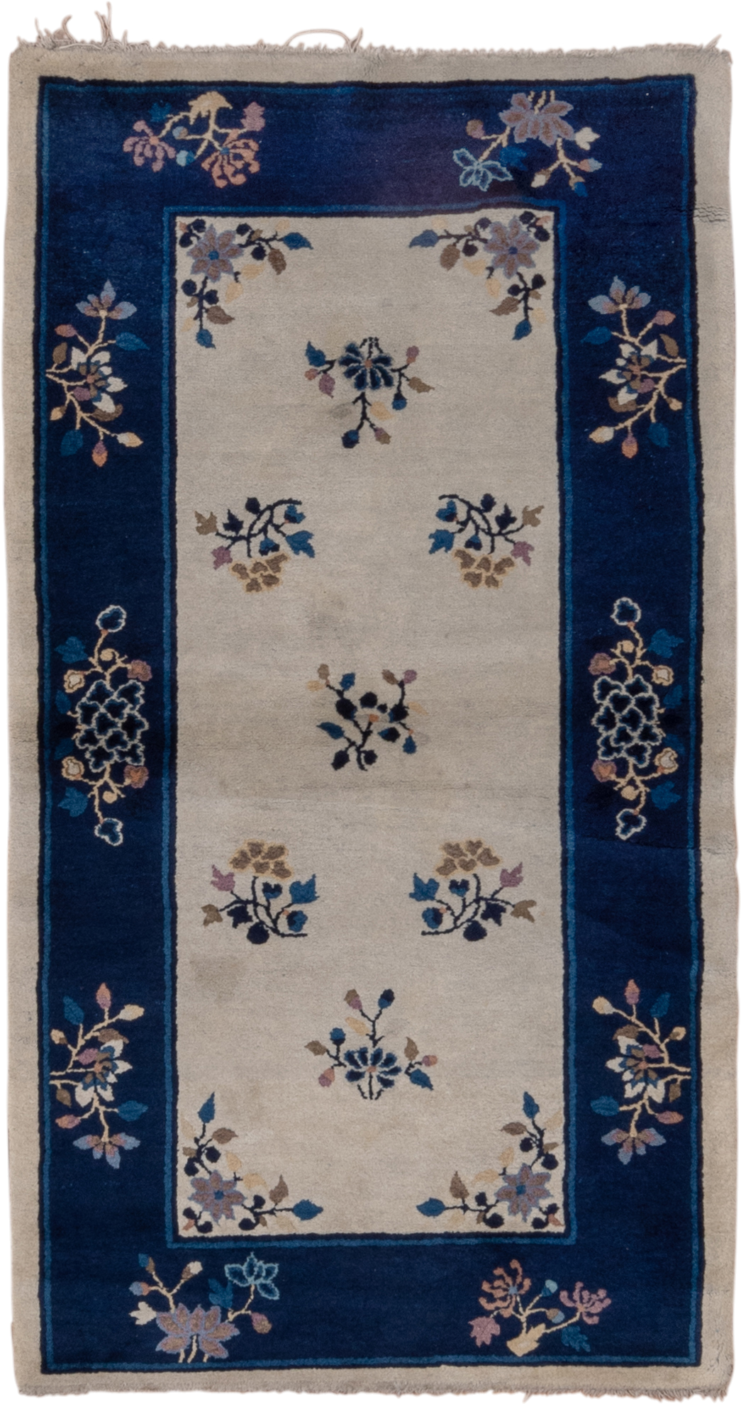 3' x 6' one-of-a-kind handmade vintage Chinese small size rug. Color palette: navy, ivory, blue, lavender, taupe, camel