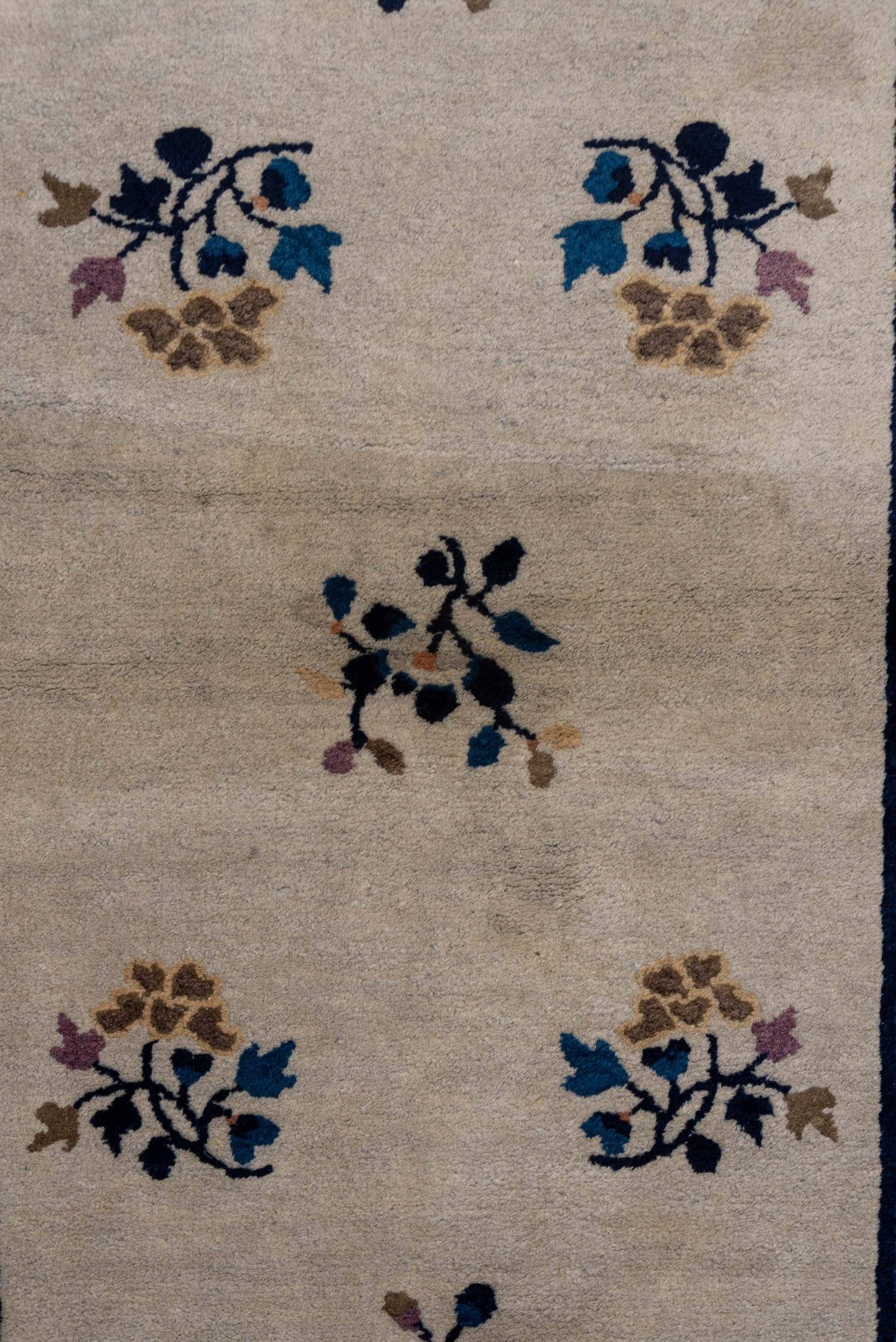 3' x 6' one-of-a-kind handmade vintage Chinese small size rug. Color palette: navy, ivory, blue, lavender, taupe, camel