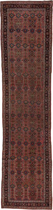 3' x 15' one-of-a-kind handmade antique NW Persian runner rug. Color palette: rust, navy, ivory, rose, gold, camel, charcoal