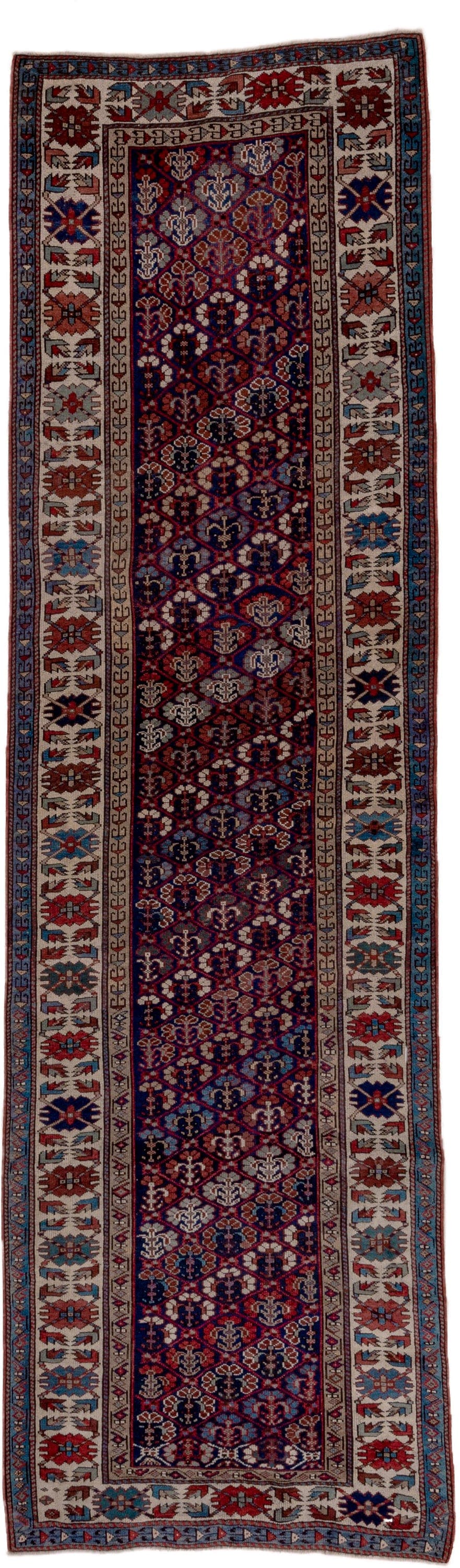 3' x 12' one-of-a-kind handmade antique NW Persian runner rug. Color palette: indigo, ivory, rust, sky blue, crimson, navy