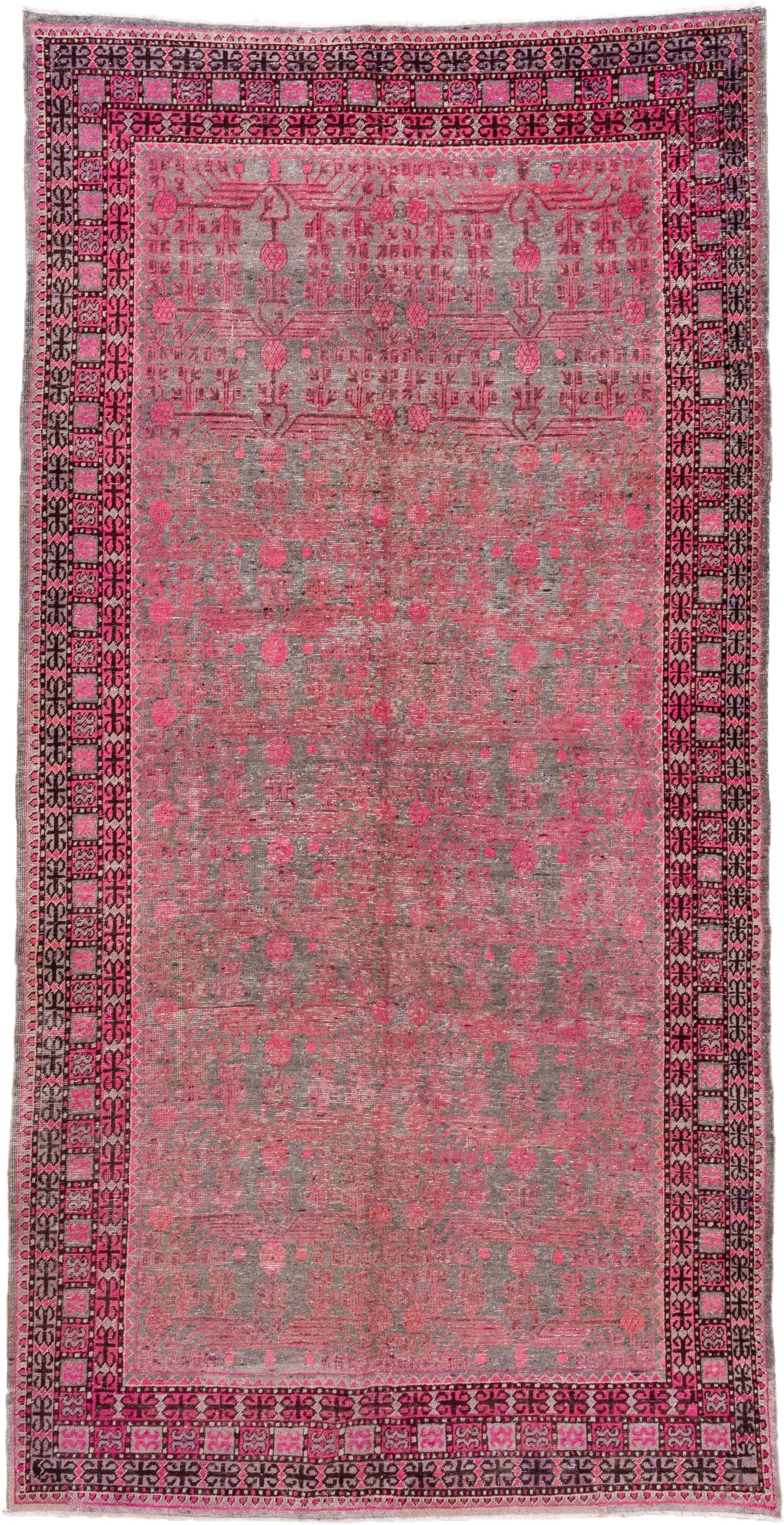 6' x 11' one-of-a-kind handmade antique Khotan large size rug. Color palette: rose, taupe, charcoal, pink, mauve, ivory, red