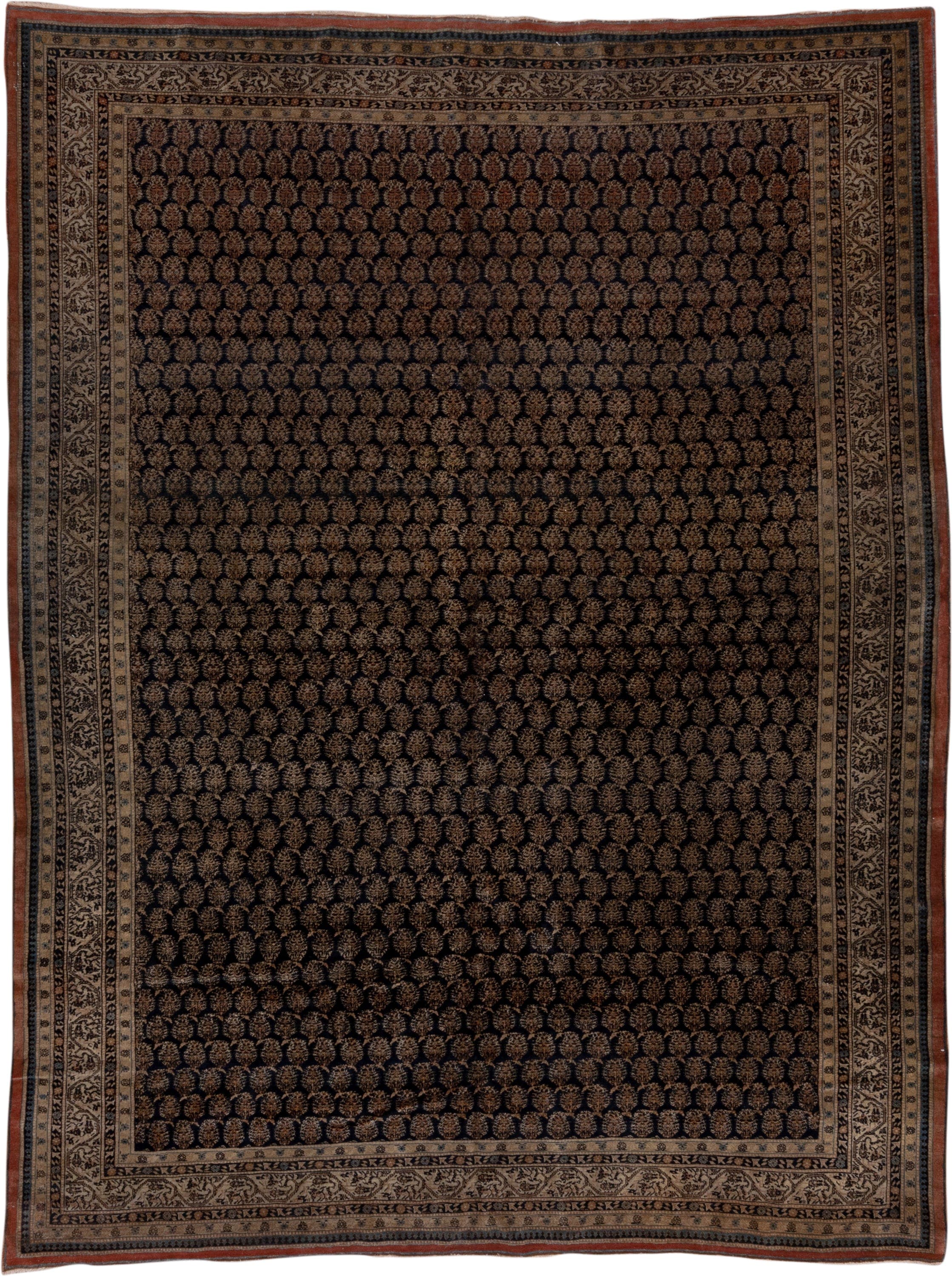 8' x 10' one-of-a-kind handmade antique Tabriz large size rug. Color palette: navy, camel, brown, ivory, rust, charcoal