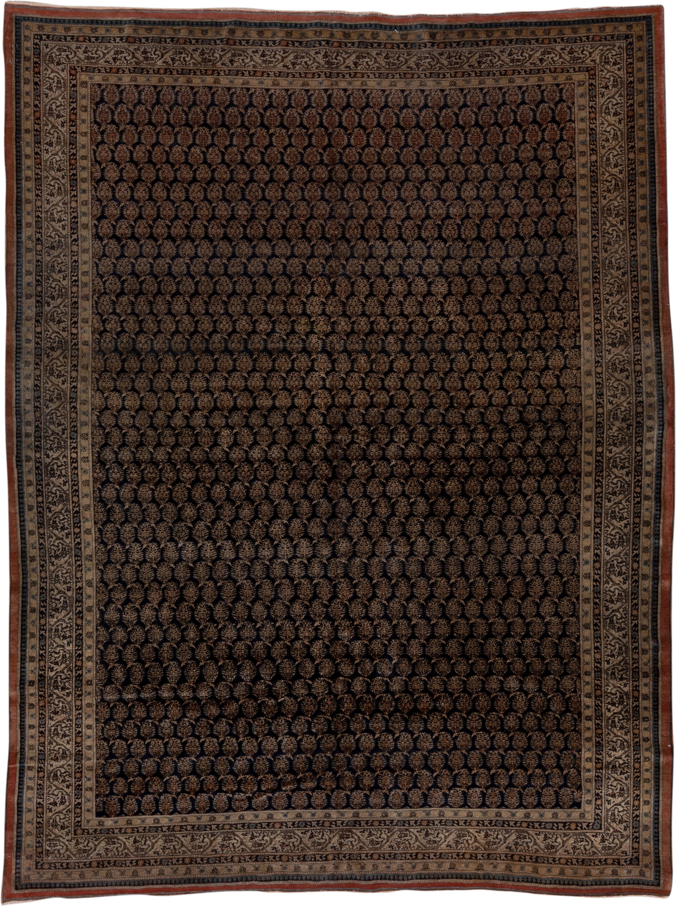 8' x 10' one-of-a-kind handmade antique Tabriz large size rug. Color palette: navy, camel, brown, ivory, rust, charcoal