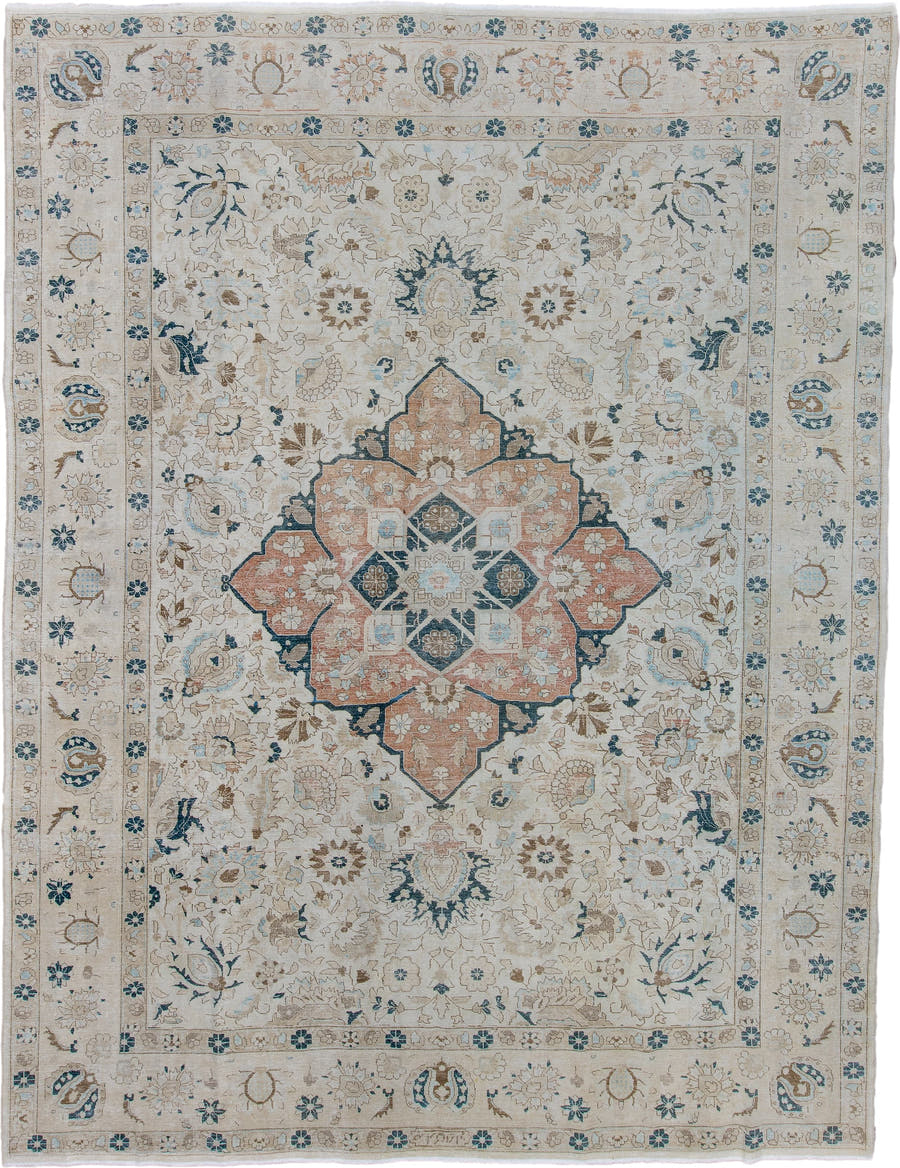 8' x 11' one-of-a-kind handmade antique Tabriz large size rug. Color palette: ivory, beige, blush, camel, slate_blue, taupe