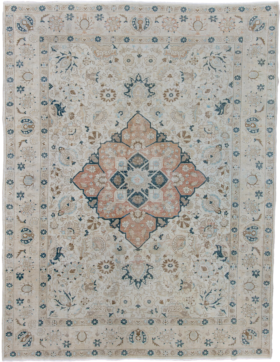 8' x 11' one-of-a-kind handmade antique Tabriz large size rug. Color palette: ivory, beige, blush, camel, slate_blue, taupe