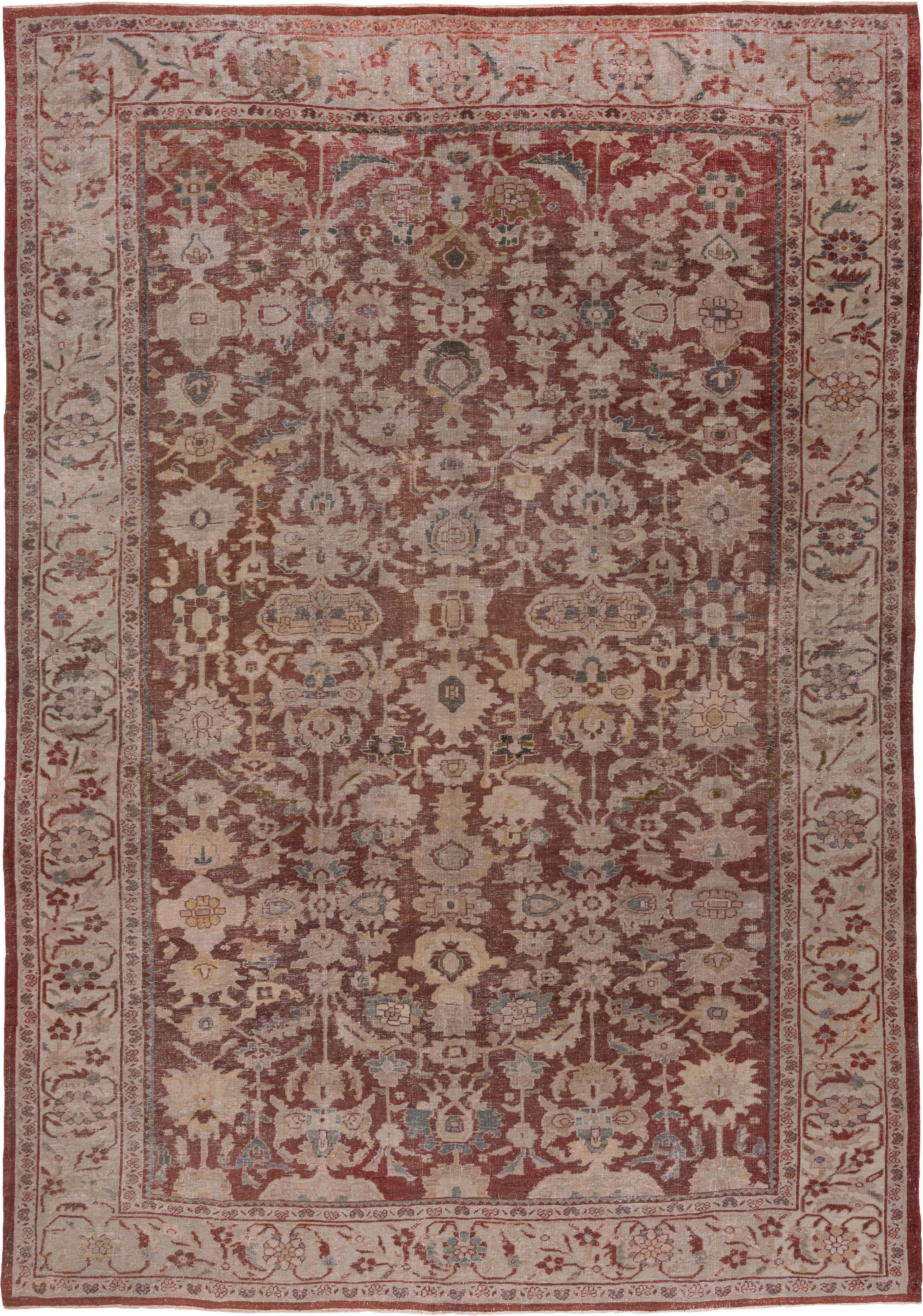 10' x 14' one-of-a-kind handmade antique Sultanabad large size rug. Color palette: terra cotta, ivory, taupe, dusty rose