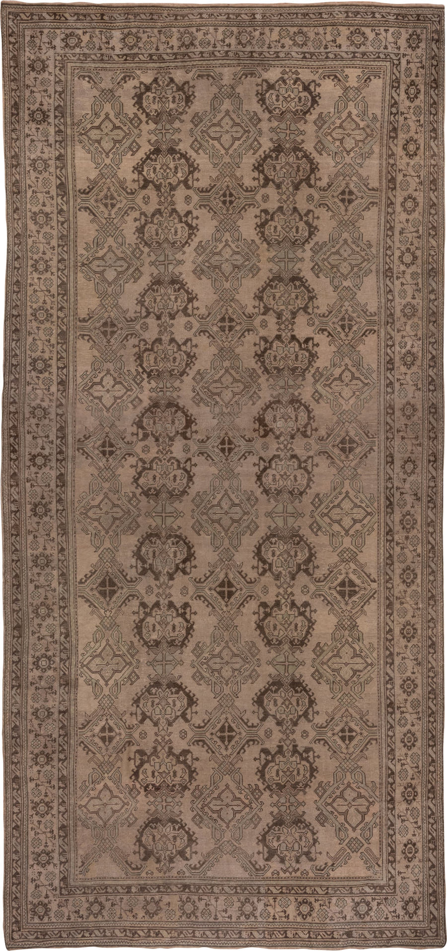 12' x 26' one-of-a-kind handmade antique Oushak oversize rug. Color palette: taupe, brown, camel, charcoal, beige, gray