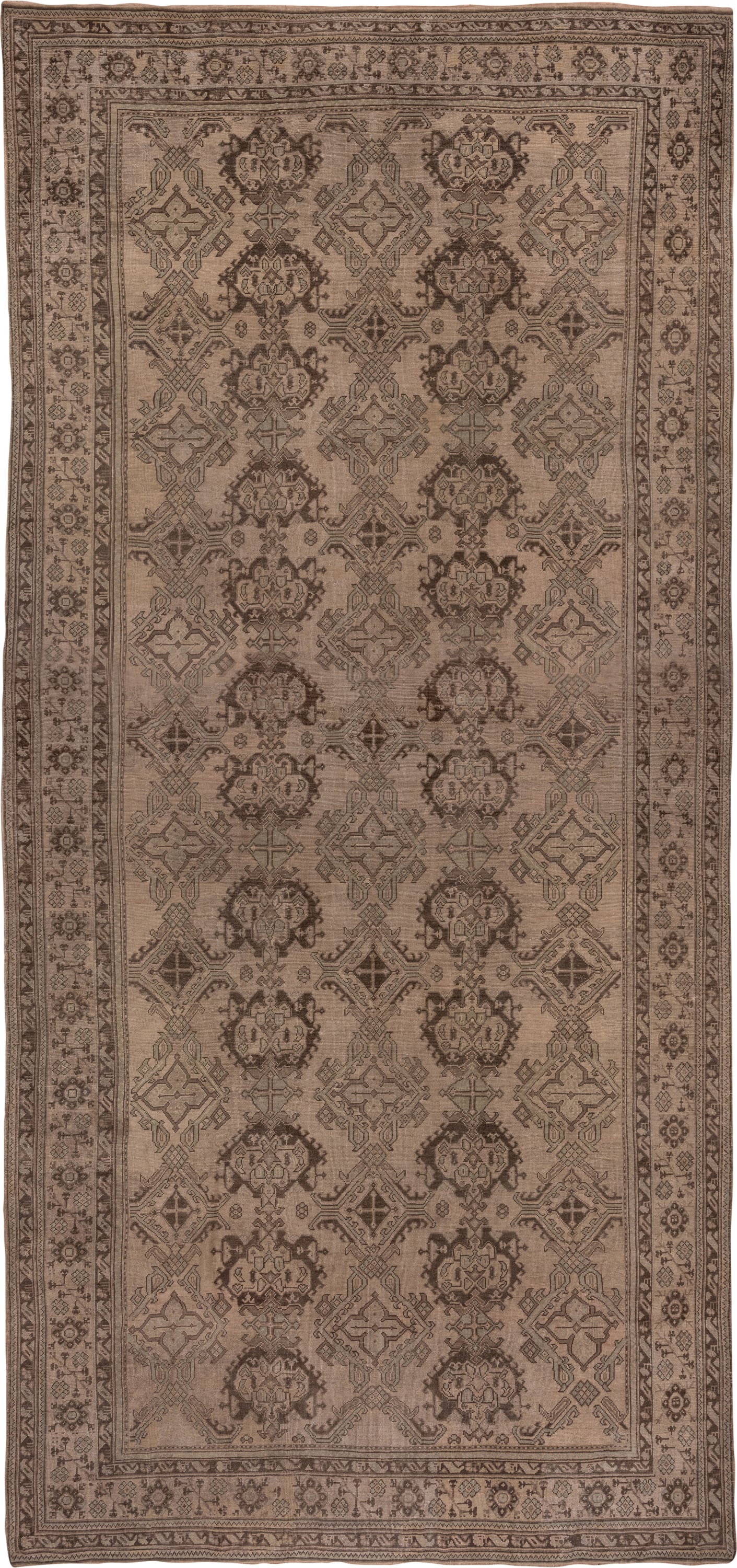12' x 26' one-of-a-kind handmade antique Oushak oversize rug. Color palette: taupe, brown, camel, charcoal, beige, gray