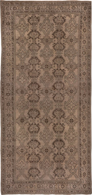 12' x 26' one-of-a-kind handmade antique Oushak oversize rug. Color palette: taupe, brown, camel, charcoal, beige, gray