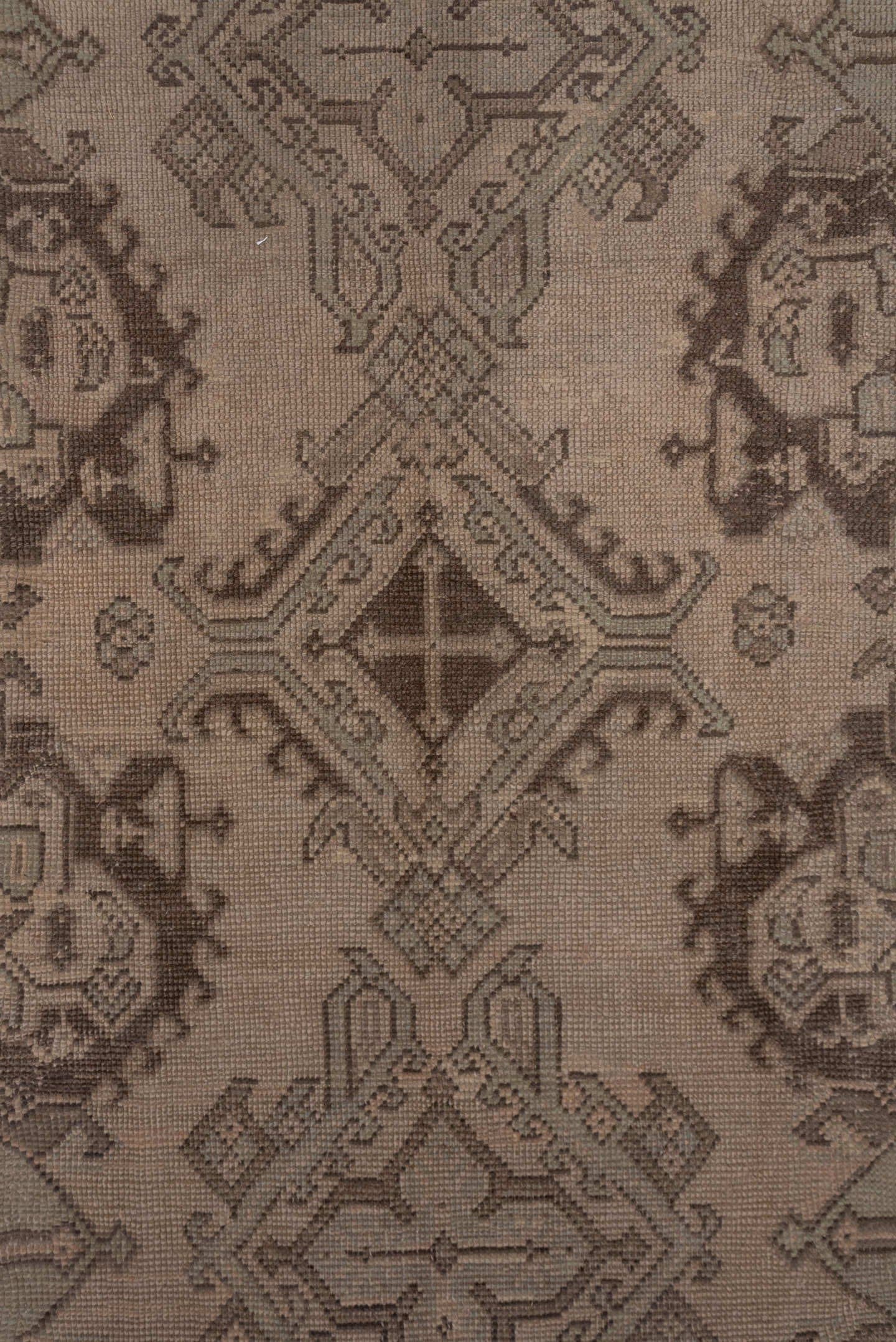 12' x 26' one-of-a-kind handmade antique Oushak oversize rug. Color palette: taupe, brown, camel, charcoal, beige, gray
