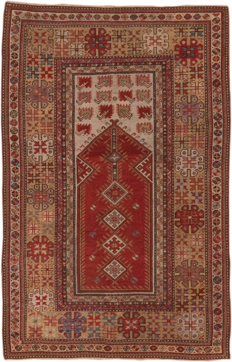 3' x 5' one-of-a-kind handmade vintage Melas small size rug. Color palette: rust, ivory, brick, navy, camel, rose, brown