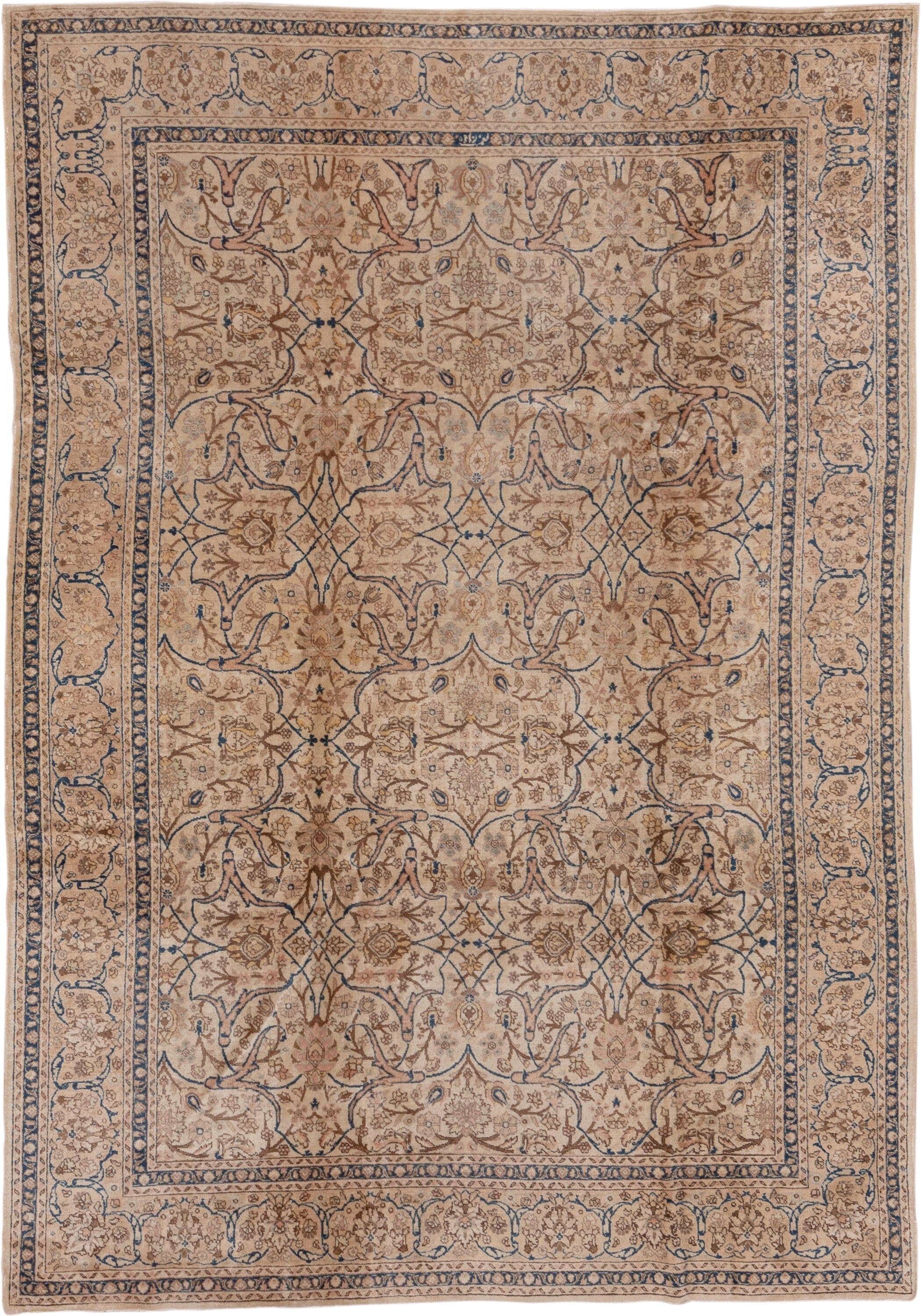 6' x 9' one-of-a-kind handmade antique Tabriz medium size rug. Color palette: ivory, camel, taupe, navy, beige, brown