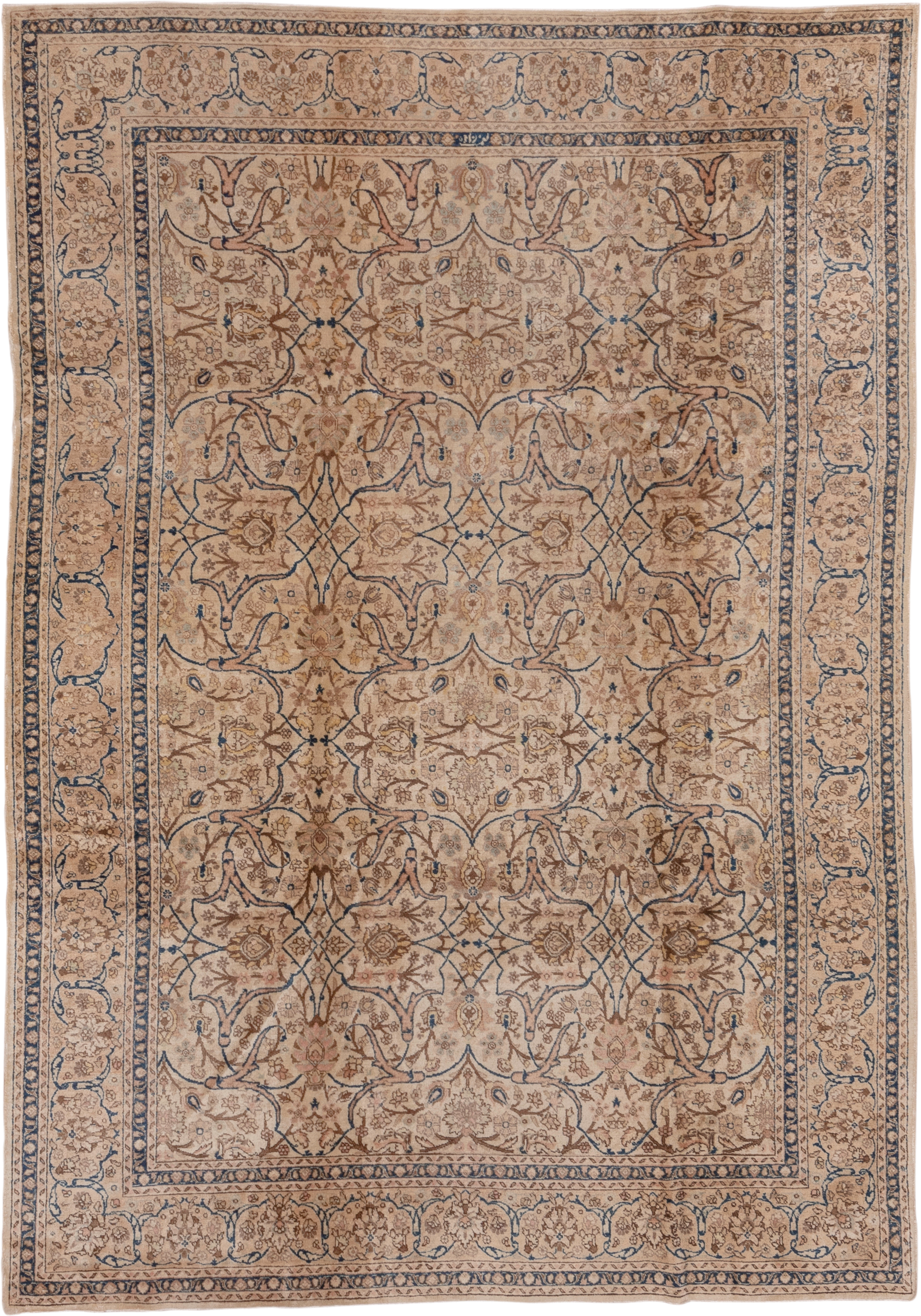6' x 9' one-of-a-kind handmade antique Tabriz medium size rug. Color palette: ivory, camel, taupe, navy, beige, brown
