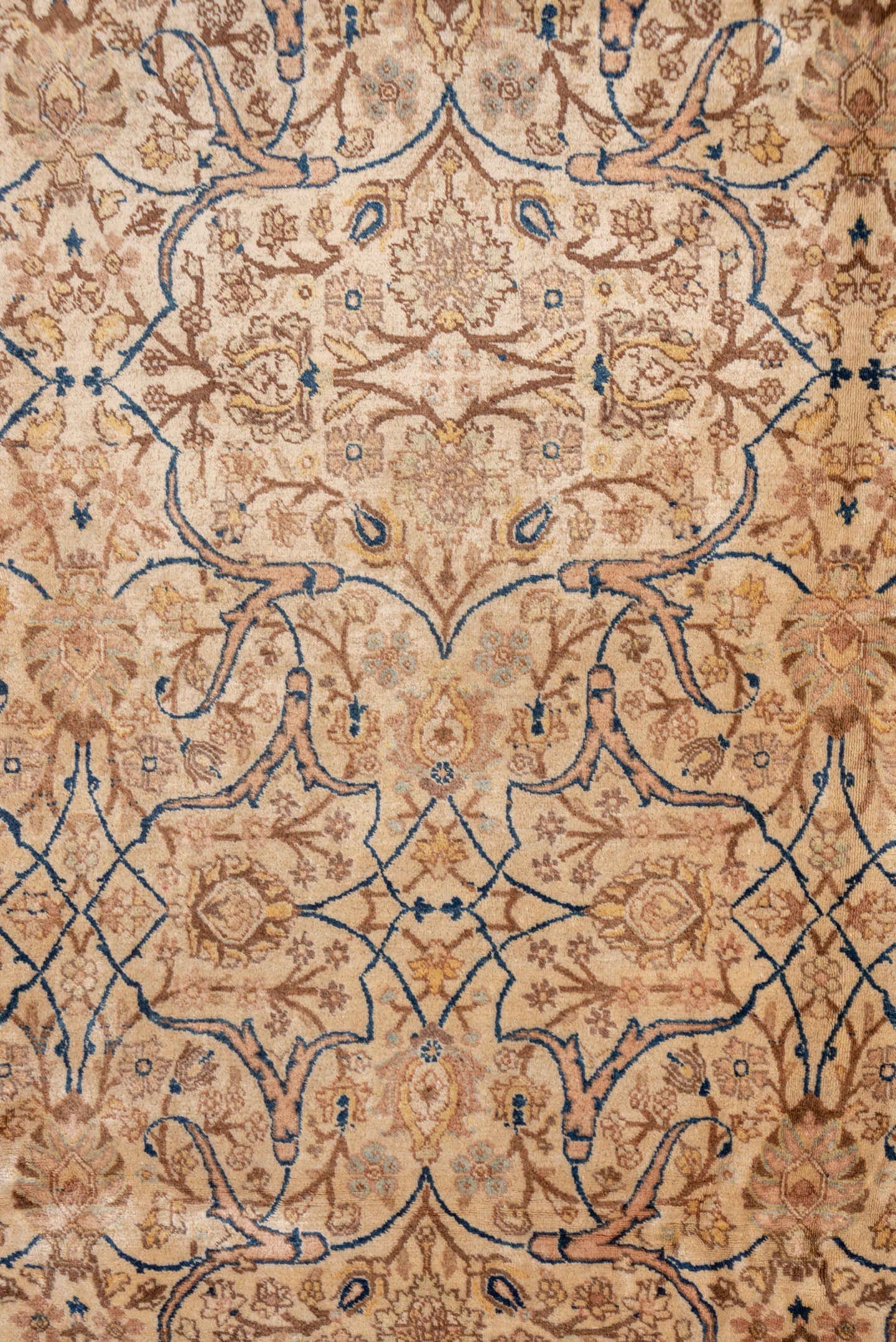 6' x 9' one-of-a-kind handmade antique Tabriz medium size rug. Color palette: ivory, camel, taupe, navy, beige, brown