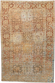 4' x 6' one-of-a-kind handmade antique Baktiary small size rug. Color palette: terracotta, ivory, pale blue, taupe, camel